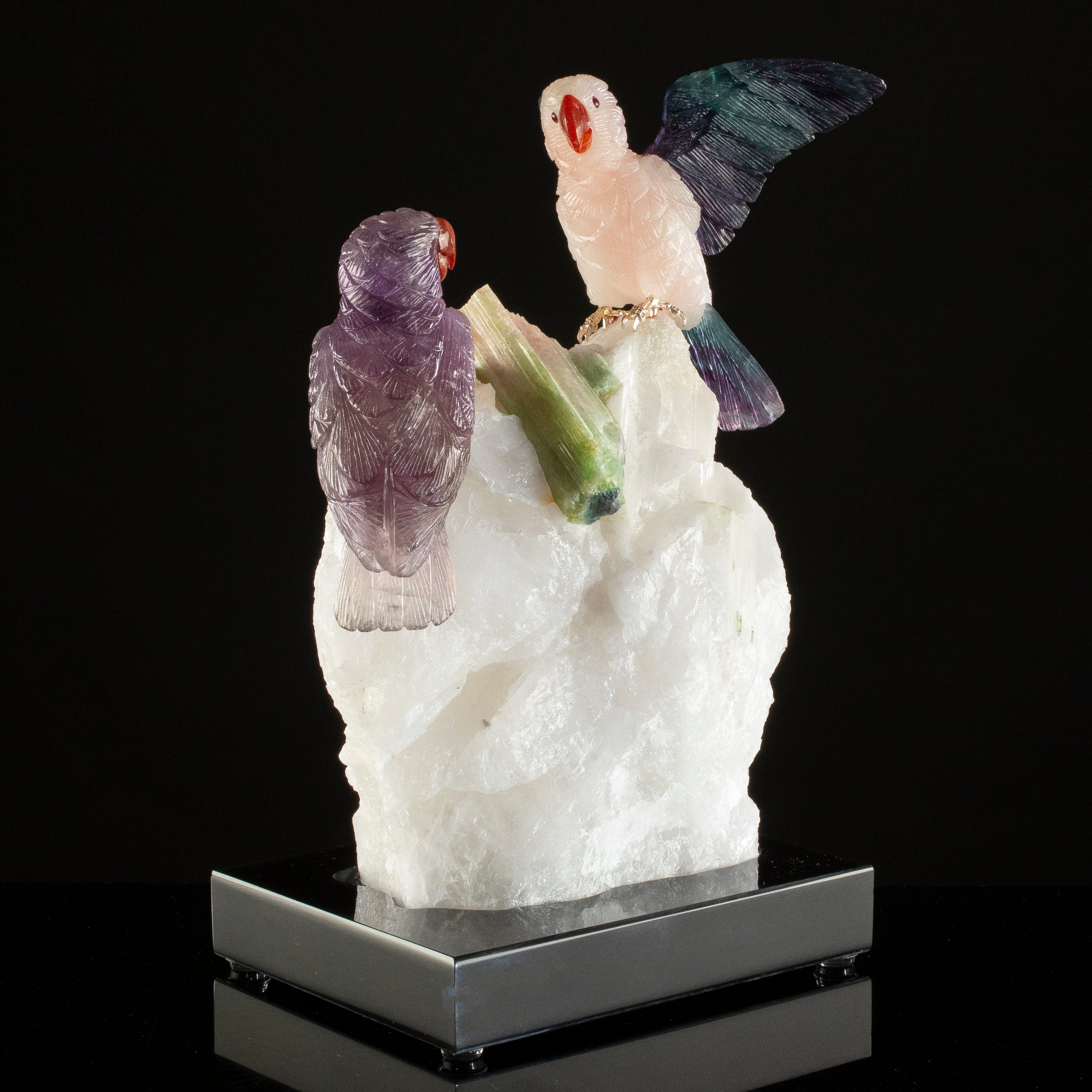 KALIFANO Love Birds Carvings Peter Muller Amethyst, Rose Quartz, & Fluorite Parrot Couple Carving on Watermelon Tourmaline Base LB.B229.001