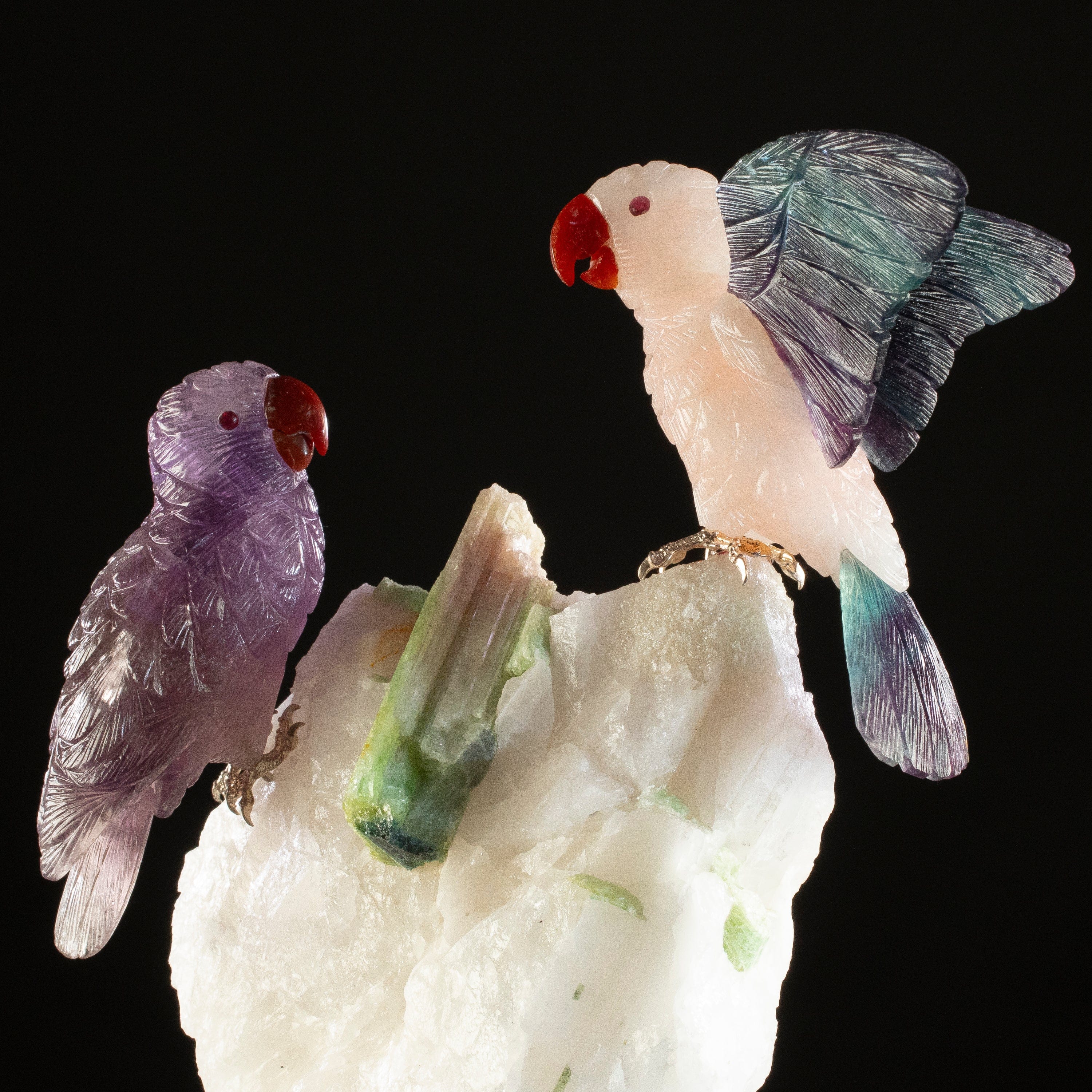 KALIFANO Love Birds Carvings Peter Muller Amethyst, Rose Quartz, & Fluorite Parrot Couple Carving on Watermelon Tourmaline Base LB.B229.001