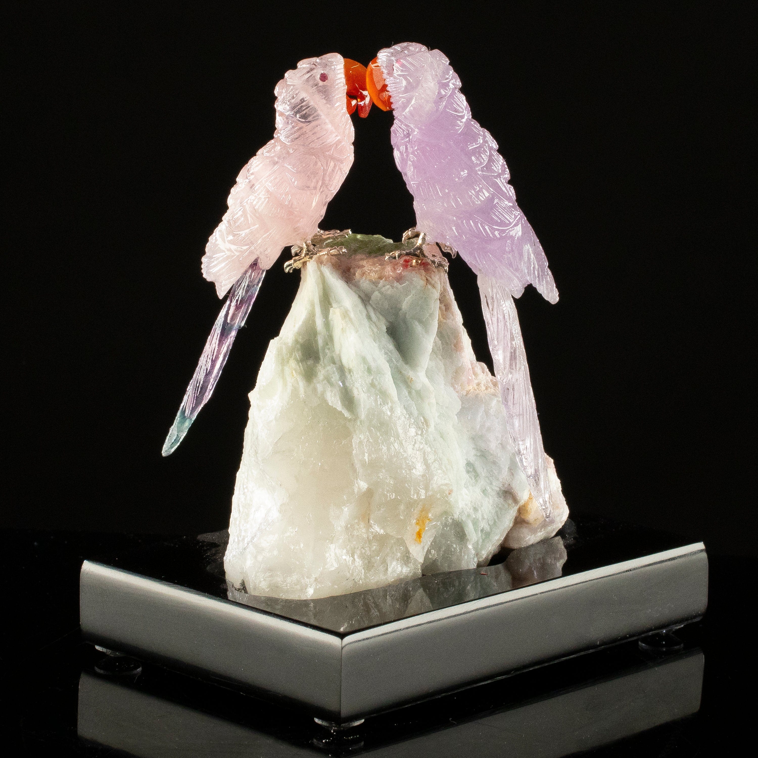 KALIFANO Love Birds Carvings Peter Muller Amethyst & Rose Quartz Macaw  Couple Carving on Watermelon Tourmaline Base LB.C215.018