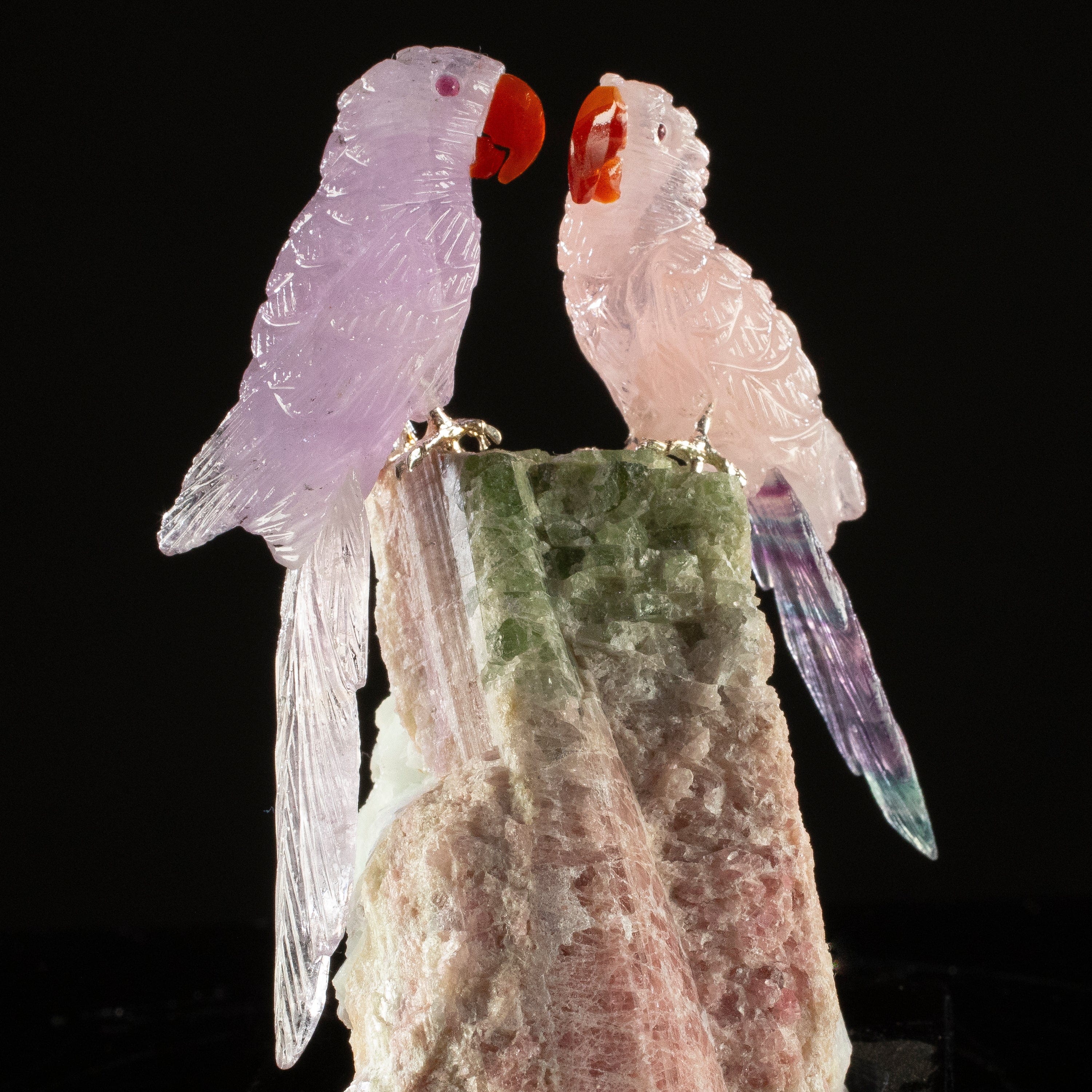 KALIFANO Love Birds Carvings Peter Muller Amethyst & Rose Quartz Macaw  Couple Carving on Watermelon Tourmaline Base LB.C215.018