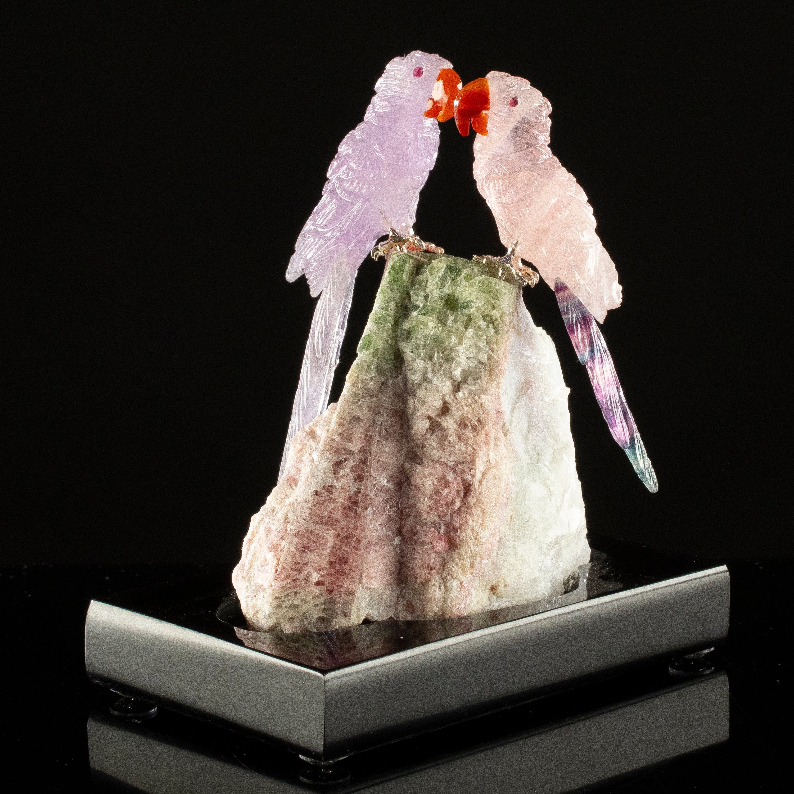 KALIFANO Love Birds Carvings Peter Muller Amethyst & Rose Quartz Macaw  Couple Carving on Watermelon Tourmaline Base LB.C215.018