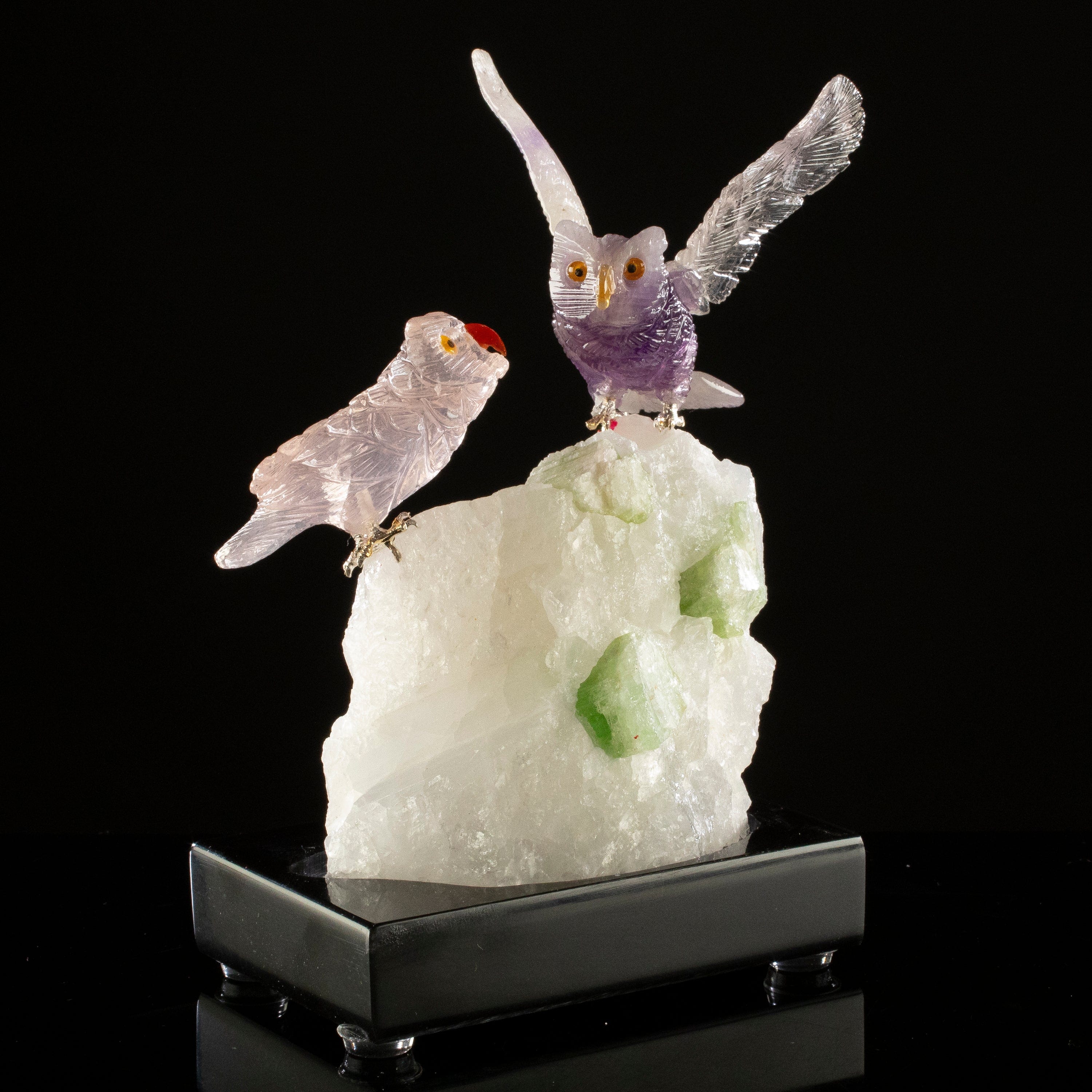 KALIFANO Love Birds Carvings Peter Muller Amethyst & Rose Quartz Owl Couple Carving on Tourmaline Base LB.C203.007