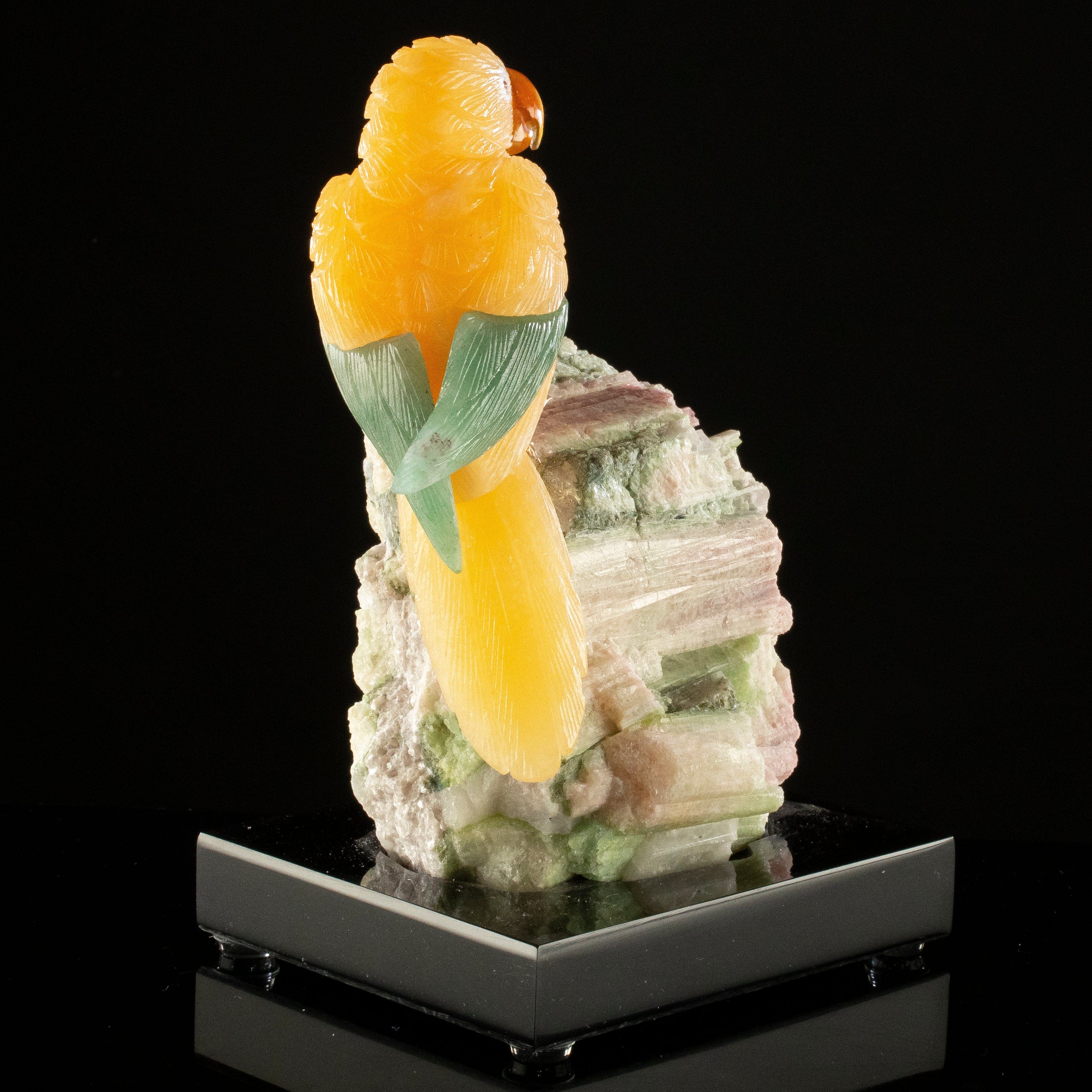 KALIFANO Love Birds Carvings Peter Muller Aragonite & Aventurine Parrot Carving on Watermelon Tourmaline Base LB.B137.002