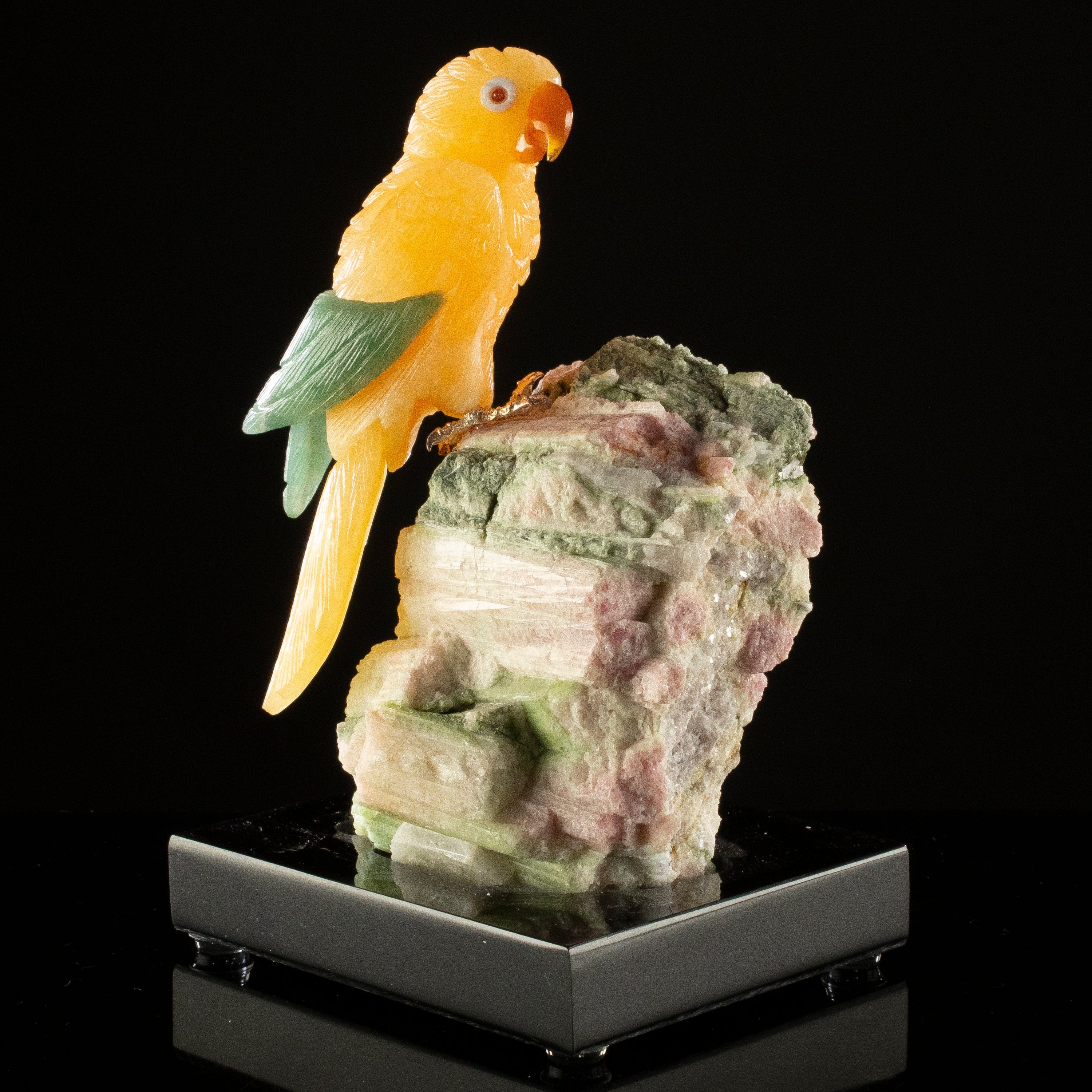 KALIFANO Love Birds Carvings Peter Muller Aragonite & Aventurine Parrot Carving on Watermelon Tourmaline Base LB.B137.002