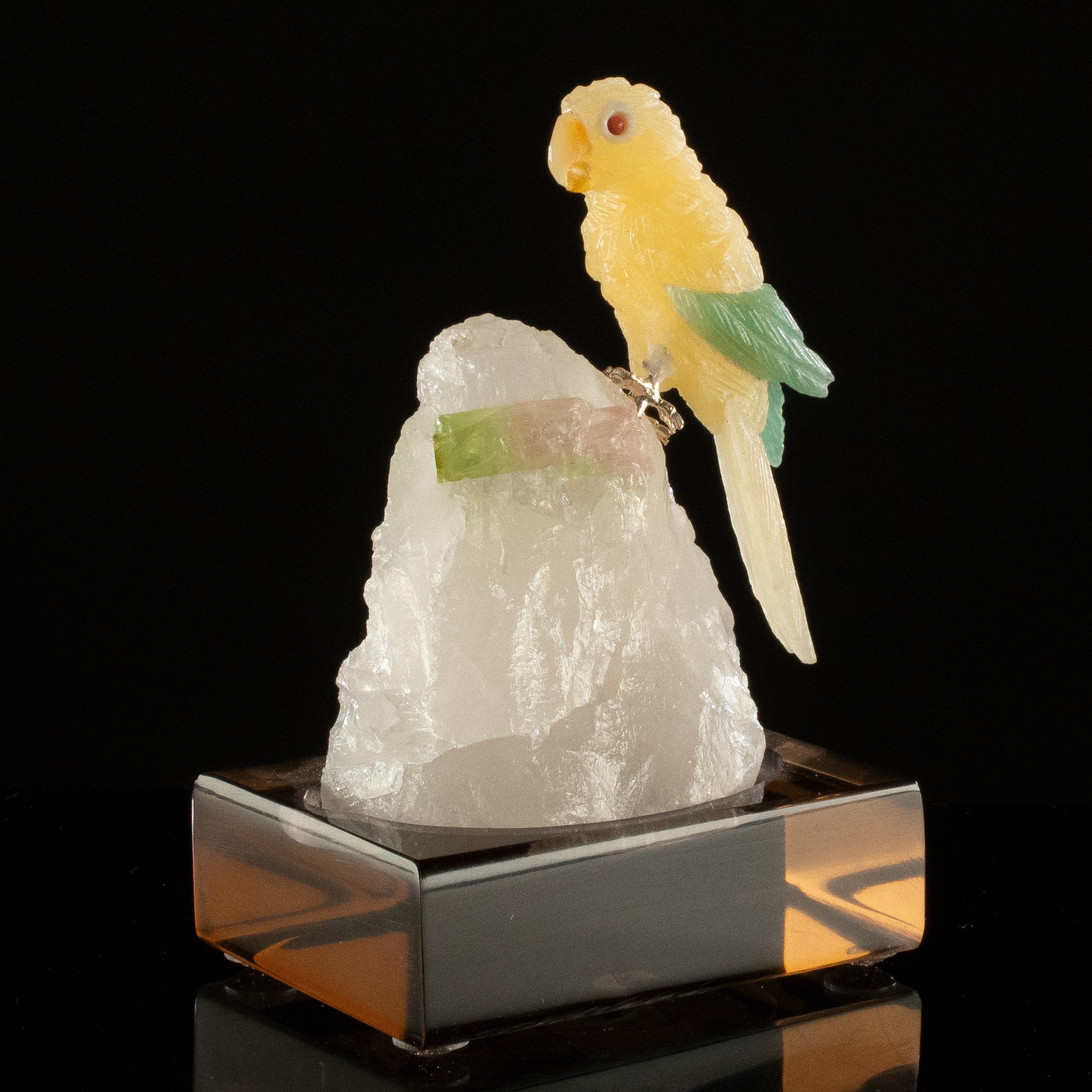 KALIFANO Love Birds Carvings Peter Muller Aragonite Parrot Carving on Rubellite Base LB.C137.013