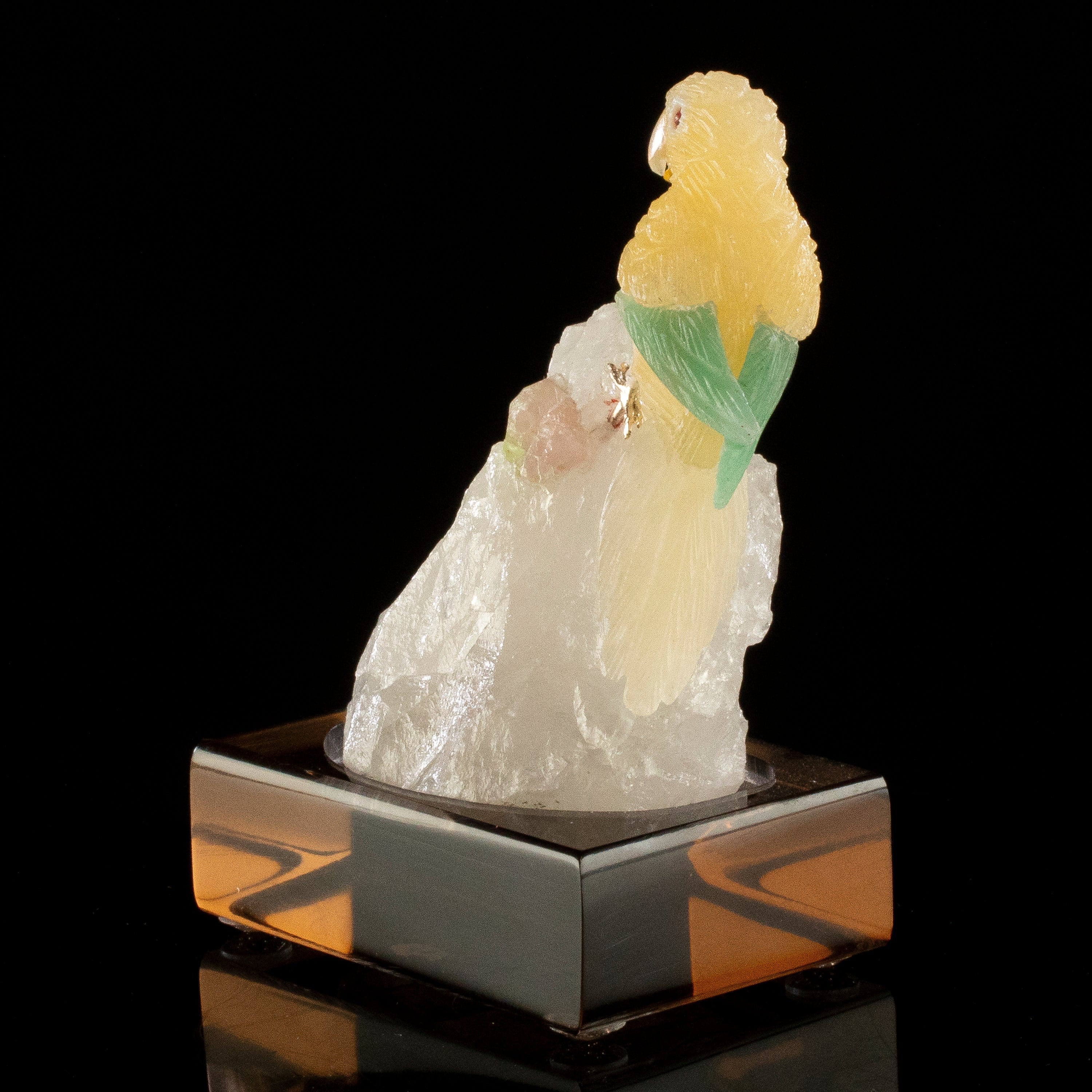 KALIFANO Love Birds Carvings Peter Muller Aragonite Parrot Carving on Rubellite Base LB.C137.013