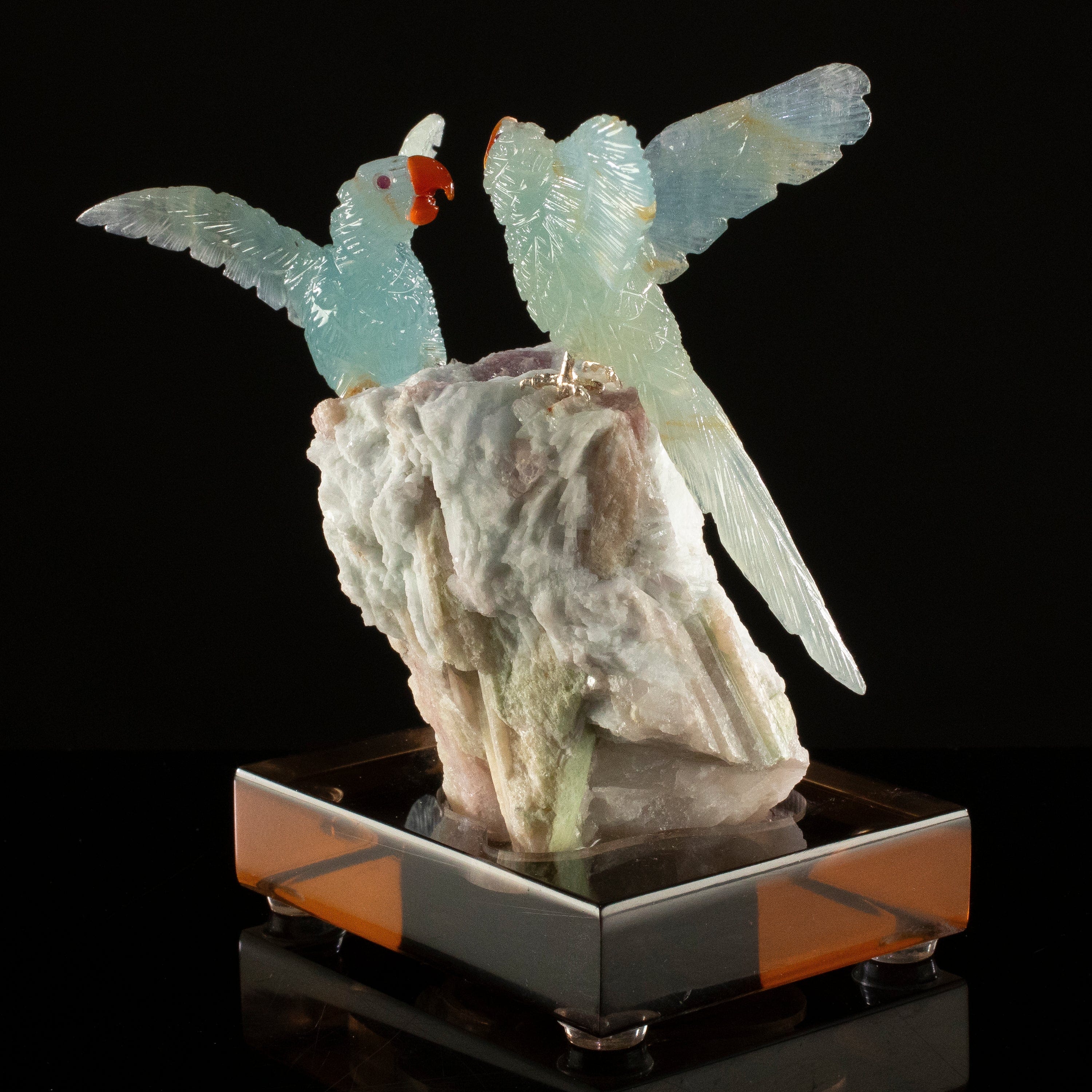 KALIFANO Love Birds Carvings Peter Muller Blue Calcite Macaw Couple Carving on Rubellite Base LB.C226.019