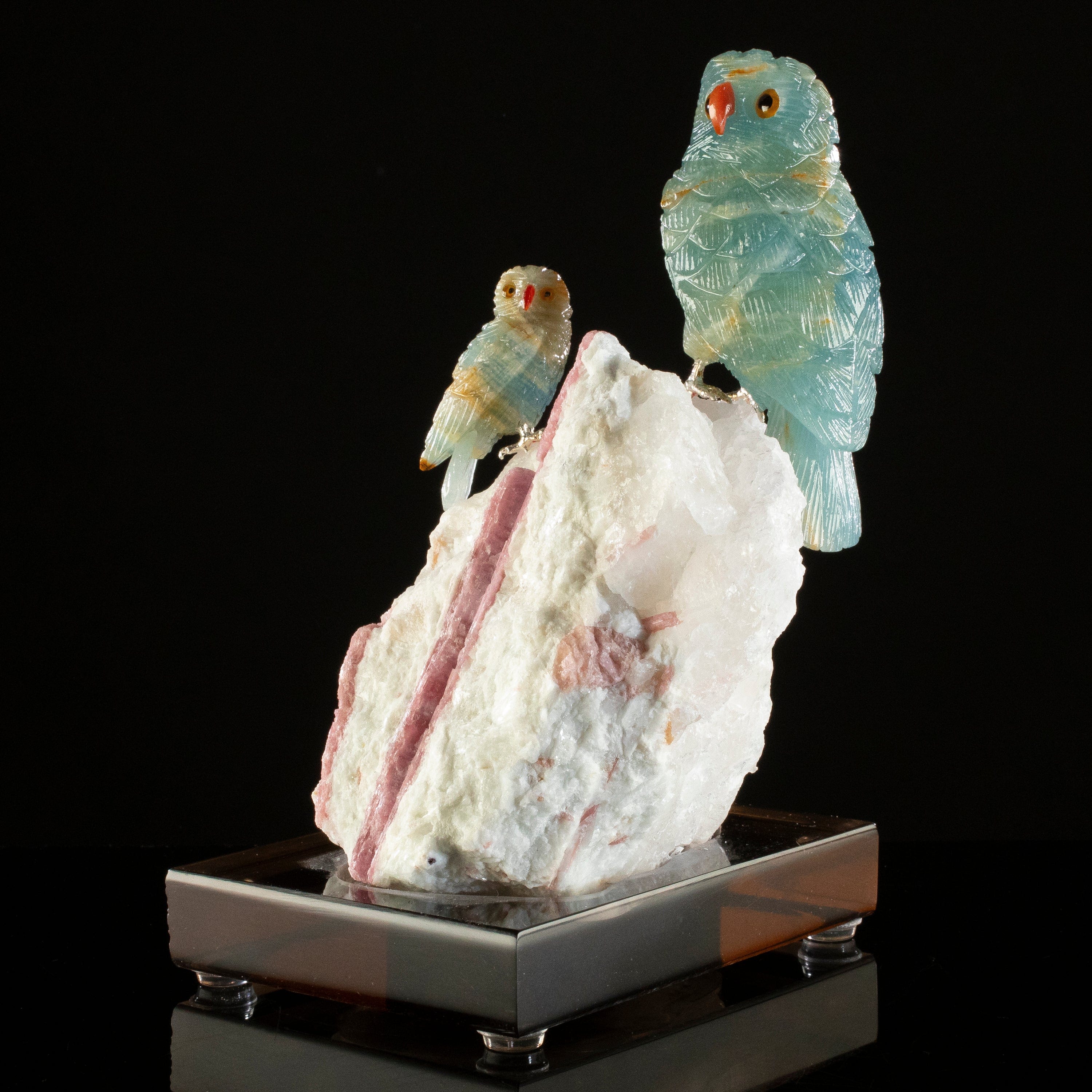 KALIFANO Love Birds Carvings Peter Muller Blue Calcite Owl Couple Carving on Rubellite Base LB.A129.011