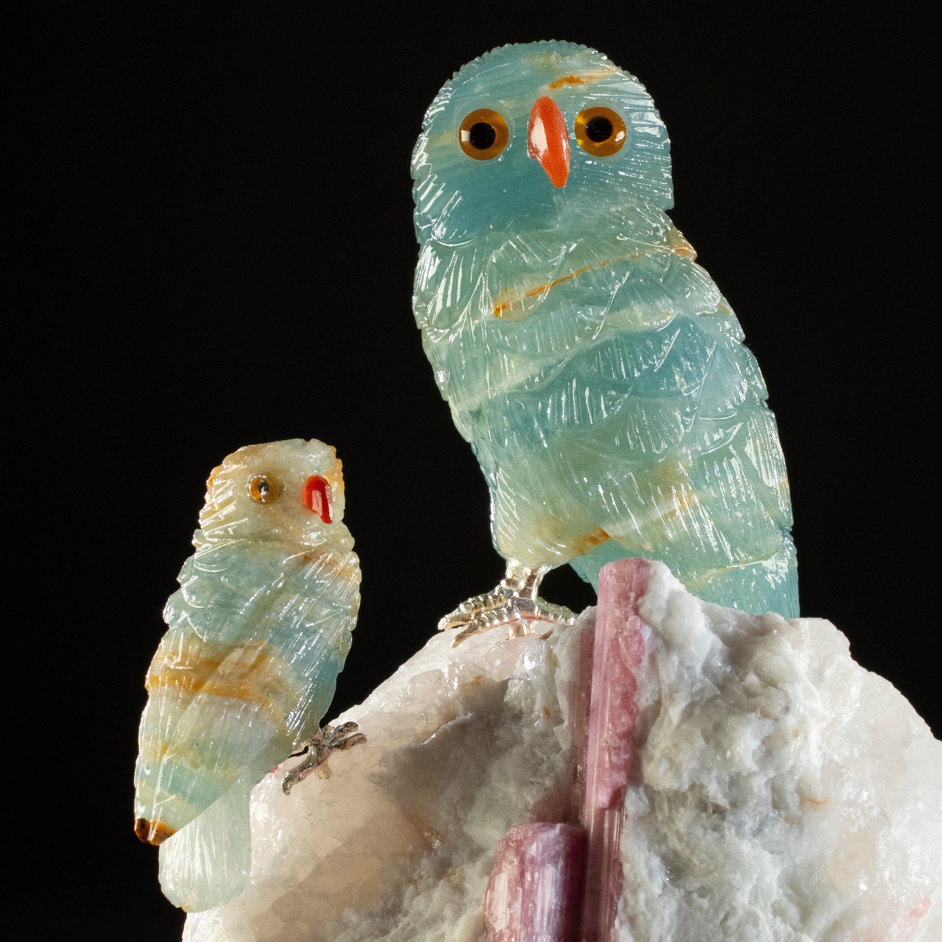 KALIFANO Love Birds Carvings Peter Muller Blue Calcite Owl Couple Carving on Rubellite Base LB.A129.011