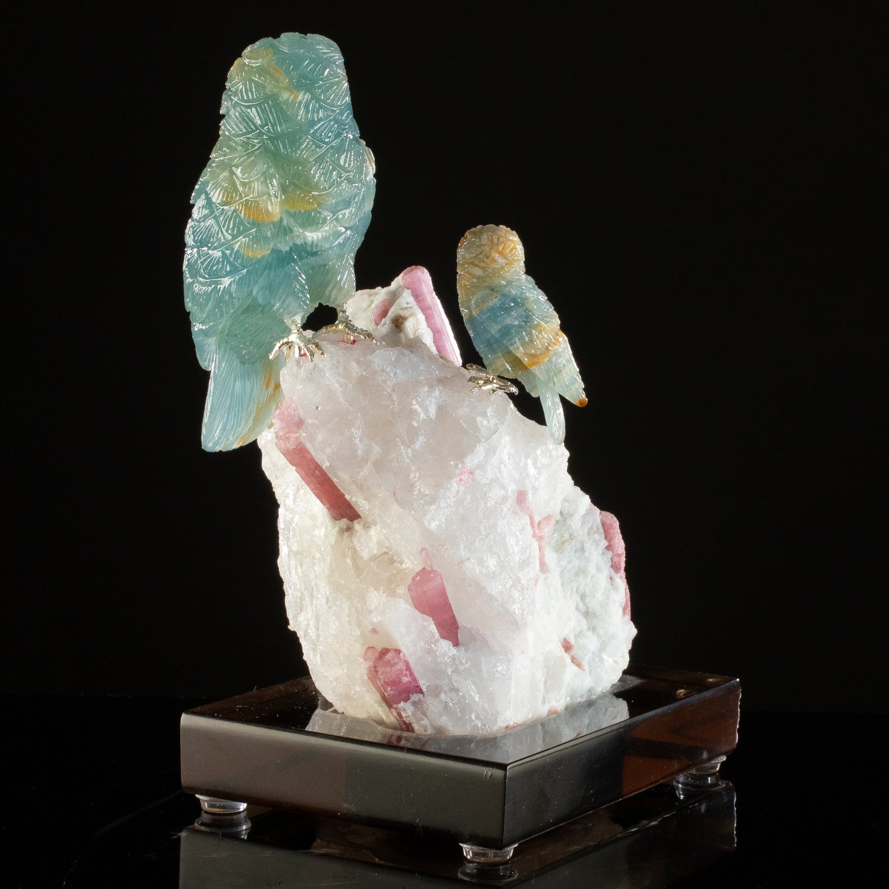 KALIFANO Love Birds Carvings Peter Muller Blue Calcite Owl Couple Carving on Rubellite Base LB.A129.011