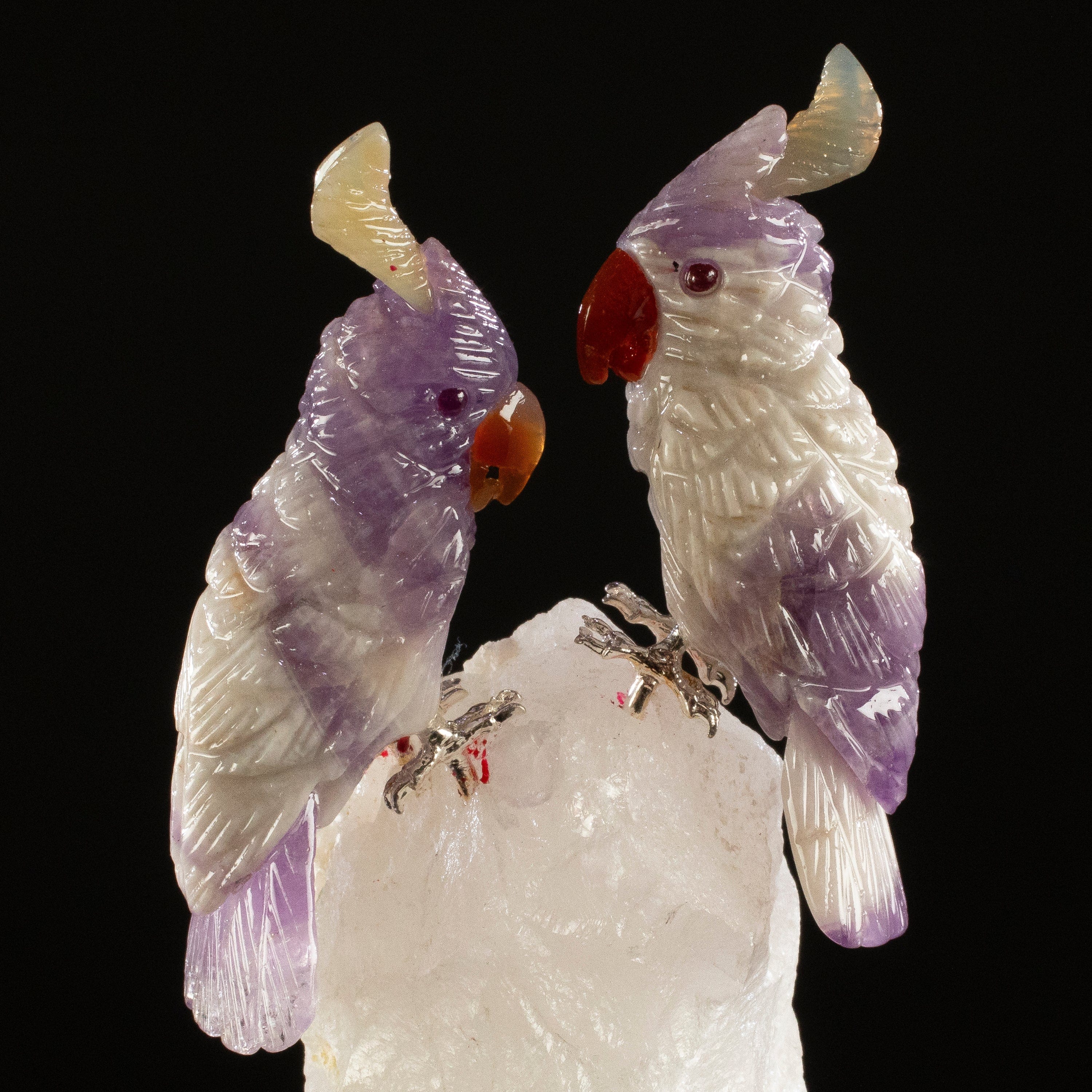 KALIFANO Love Birds Carvings Peter Muller Chevron Amethyst Cockatoo Couple Carving on Tourmaline Base LB.C205.018