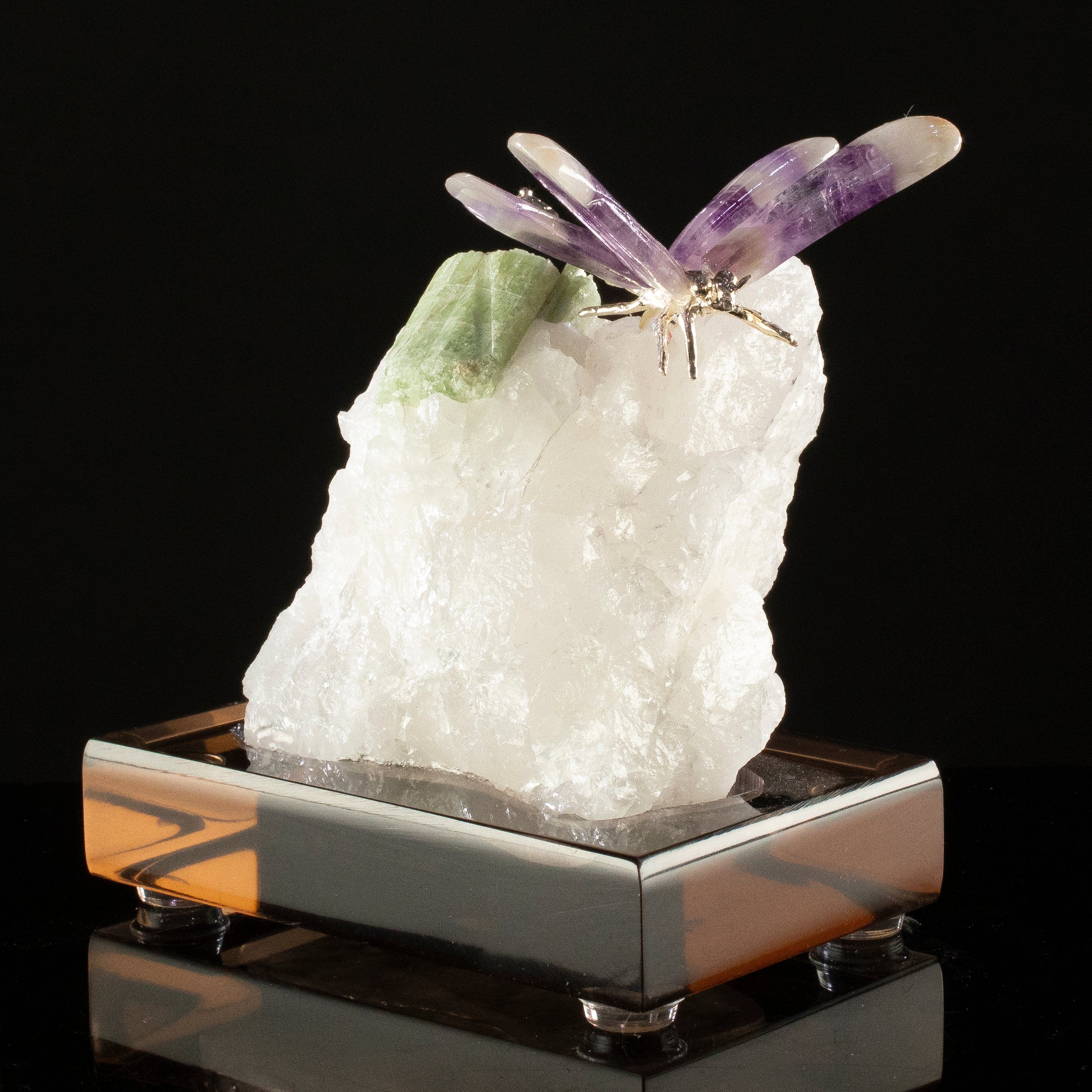 KALIFANO Love Birds Carvings Peter Muller Chevron Amethyst Dragonfly Carving on Tourmaline Base LB.E104.036