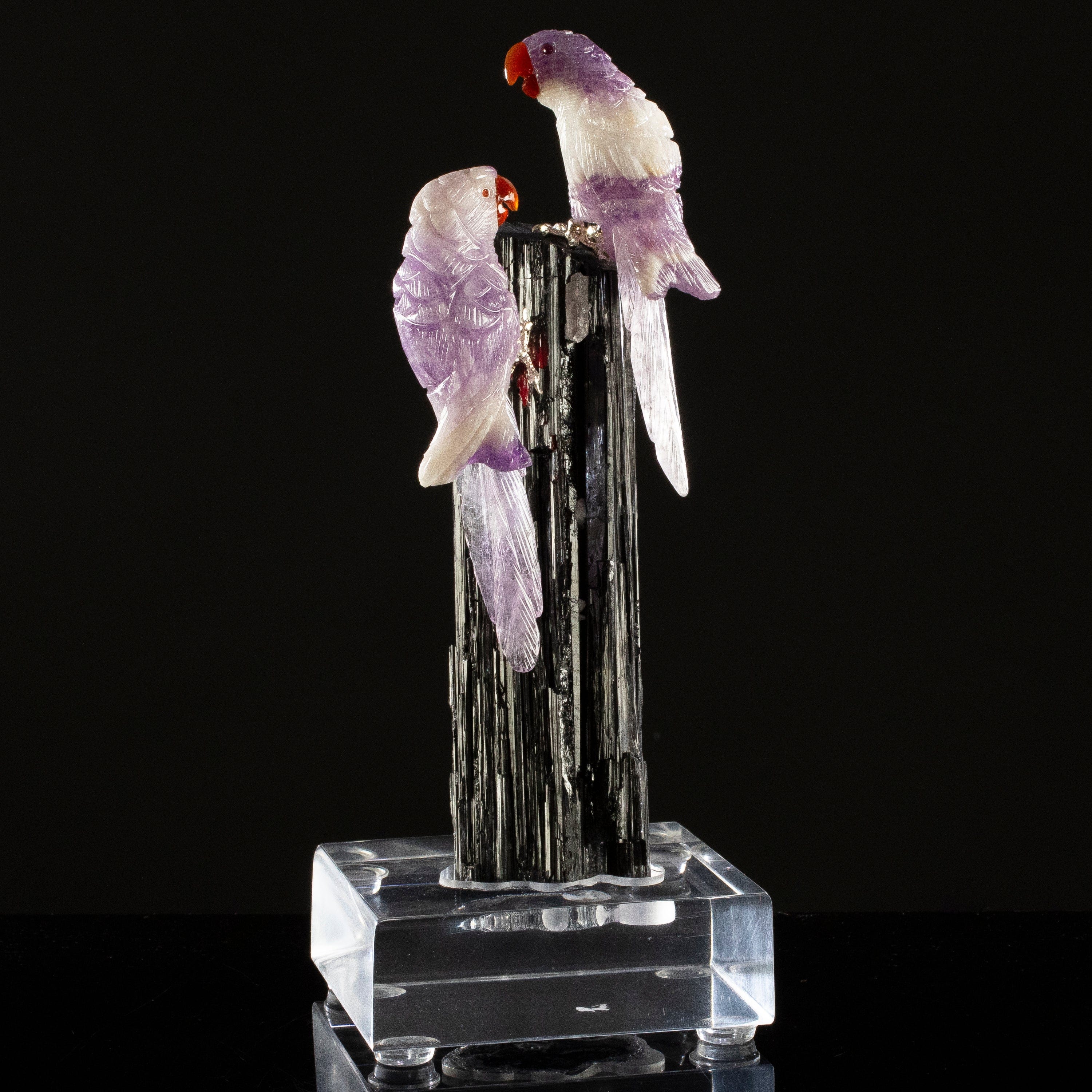 KALIFANO Love Birds Carvings Peter Muller Chevron Amethyst Macaw Couple Carving on Black Tourmaline Base LB.C216.002