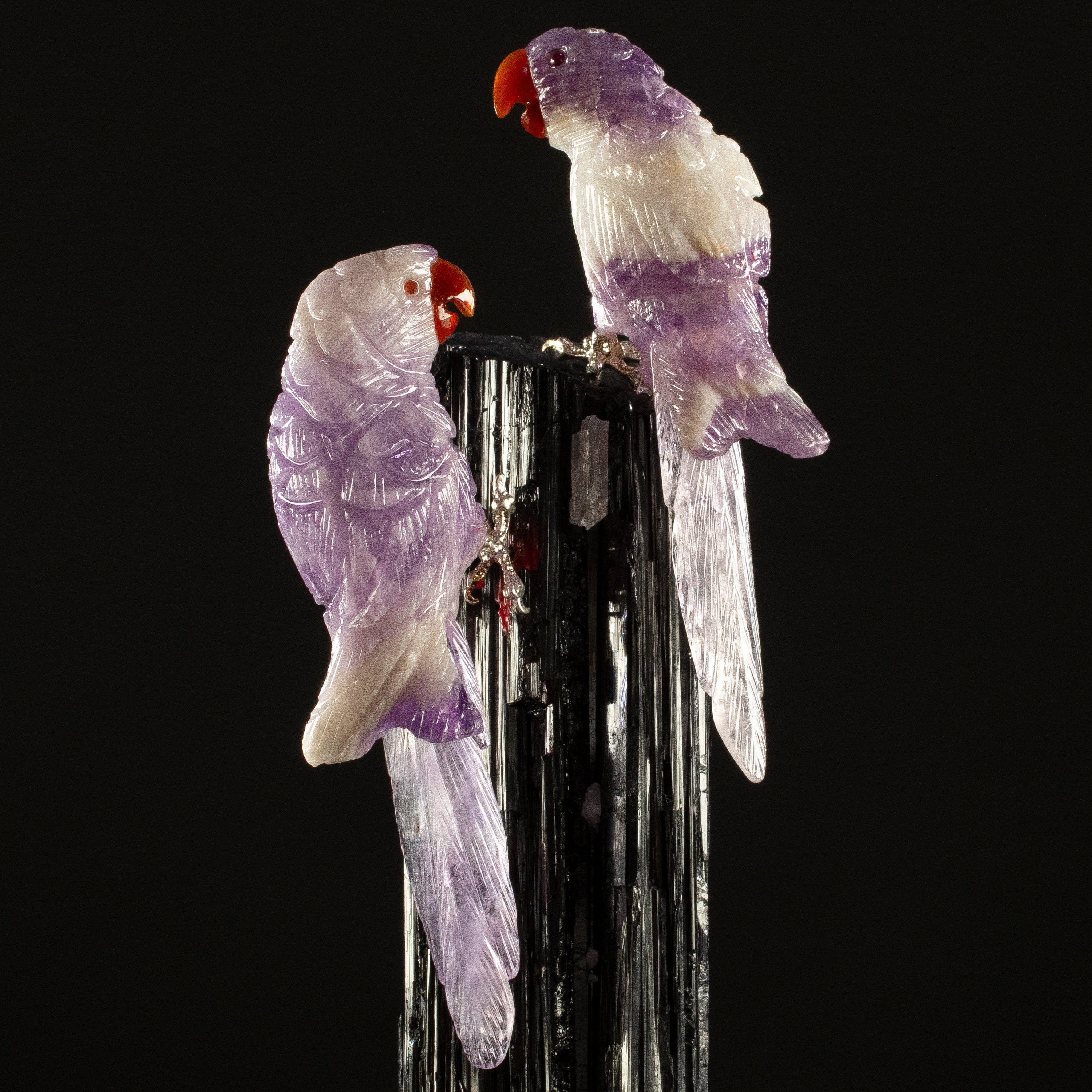 KALIFANO Love Birds Carvings Peter Muller Chevron Amethyst Macaw Couple Carving on Black Tourmaline Base LB.C216.002