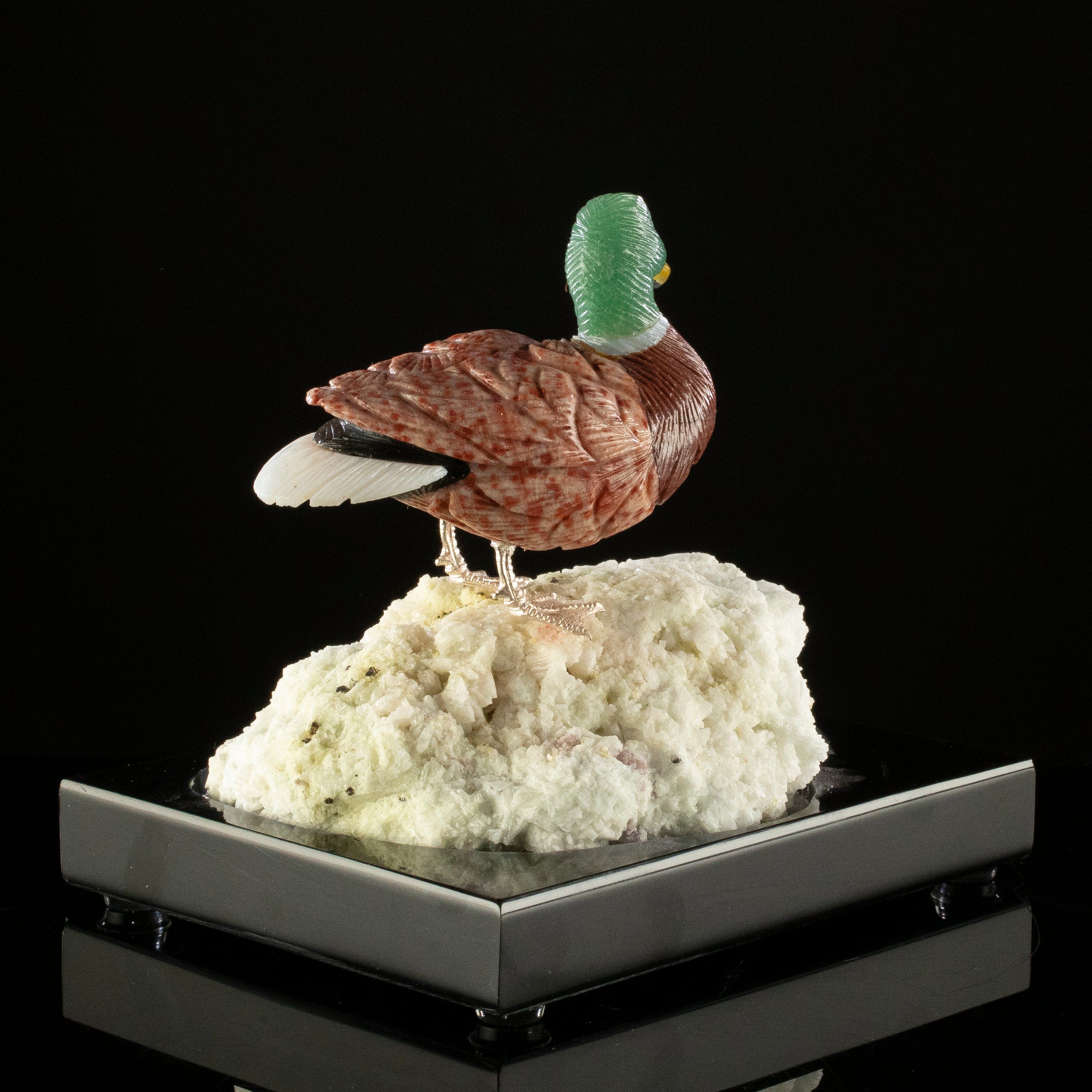 KALIFANO Love Birds Carvings Peter Muller Dolomite & Aventurine Duck Carving on Quartz Geode Base LB.D107.003