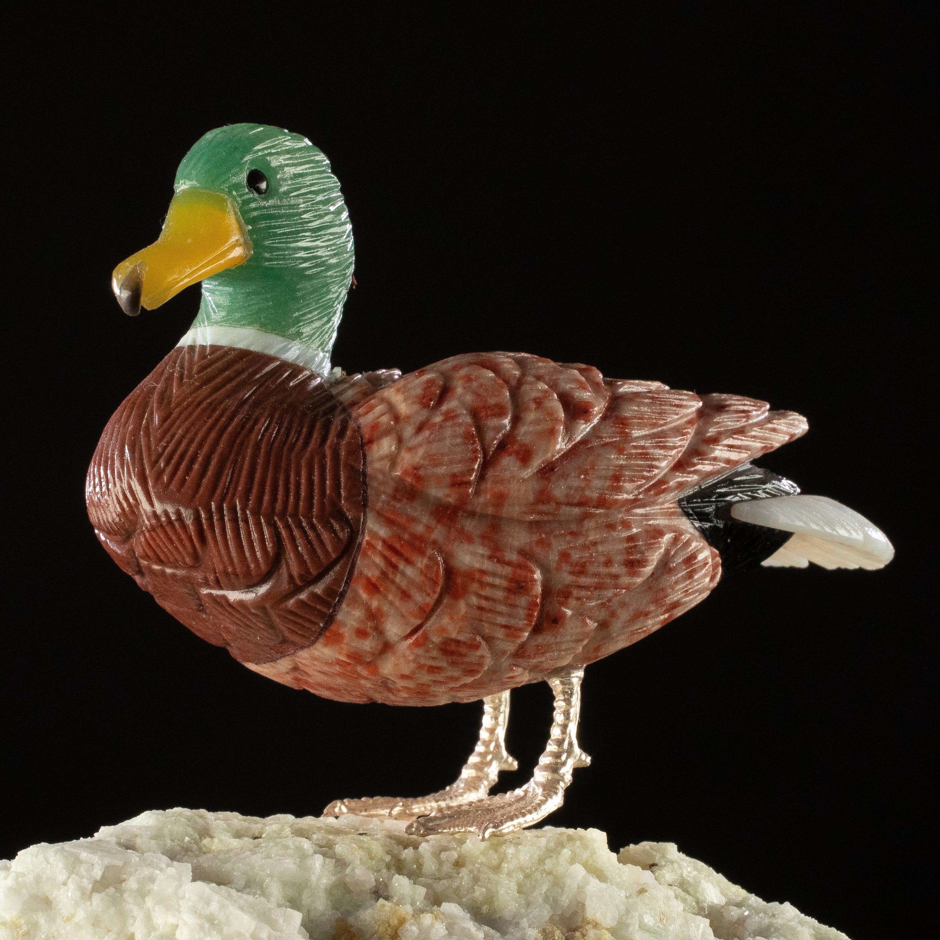 KALIFANO Love Birds Carvings Peter Muller Dolomite & Aventurine Duck Carving on Quartz Geode Base LB.D107.003