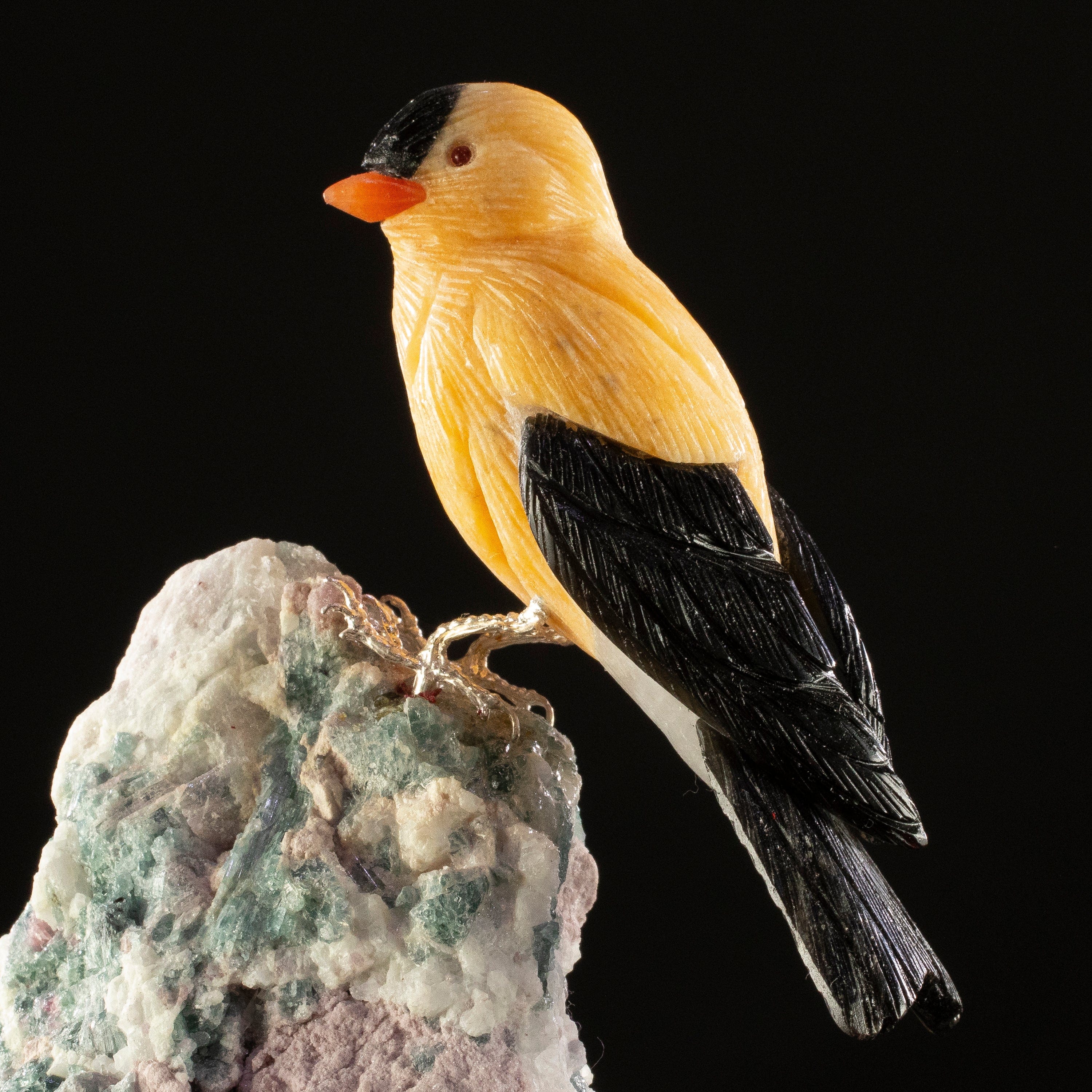 KALIFANO Love Birds Carvings Peter Muller Dolomite & Obsidian Goldfinch Carving on Watermelon Tourmaline Base LB.A151.001