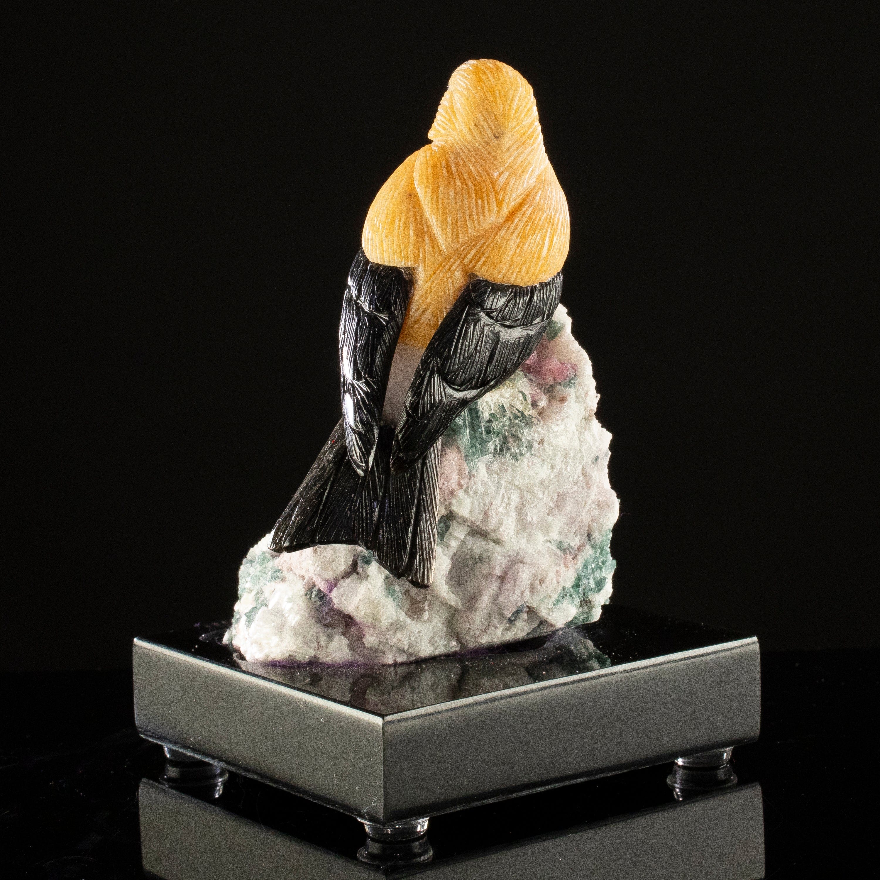 KALIFANO Love Birds Carvings Peter Muller Dolomite & Obsidian Goldfinch Carving on Watermelon Tourmaline Base LB.A151.001