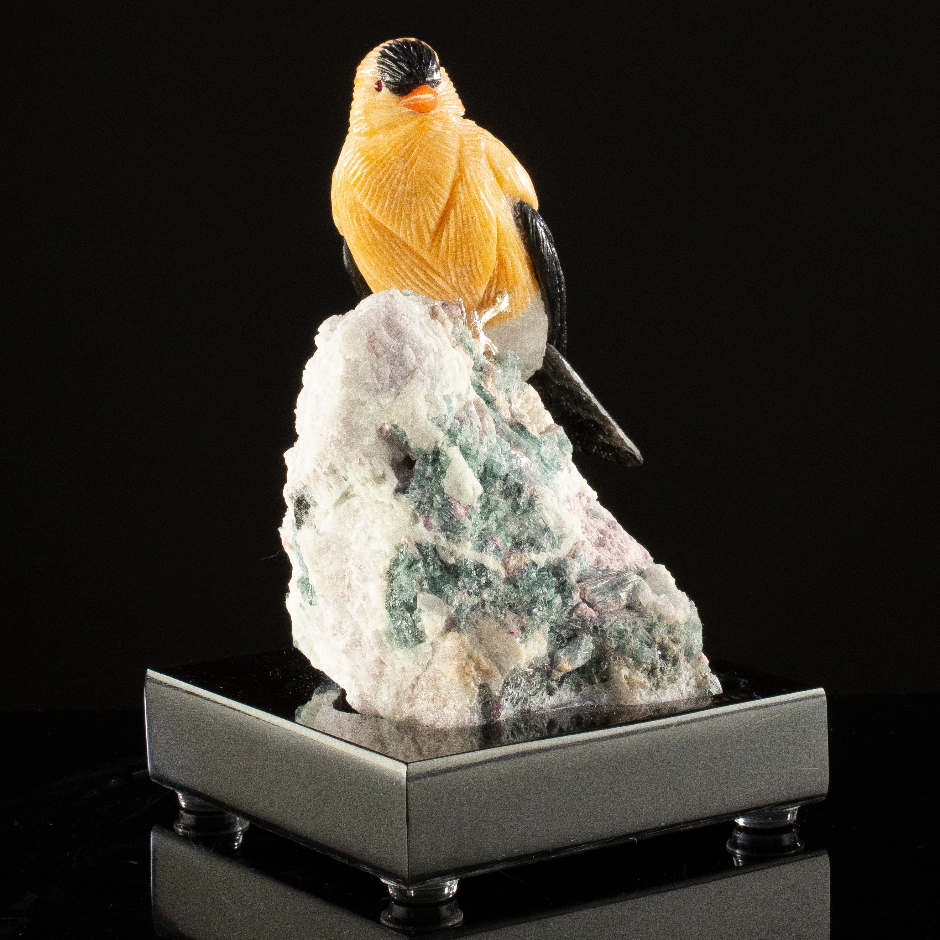 KALIFANO Love Birds Carvings Peter Muller Dolomite & Obsidian Goldfinch Carving on Watermelon Tourmaline Base LB.A151.001