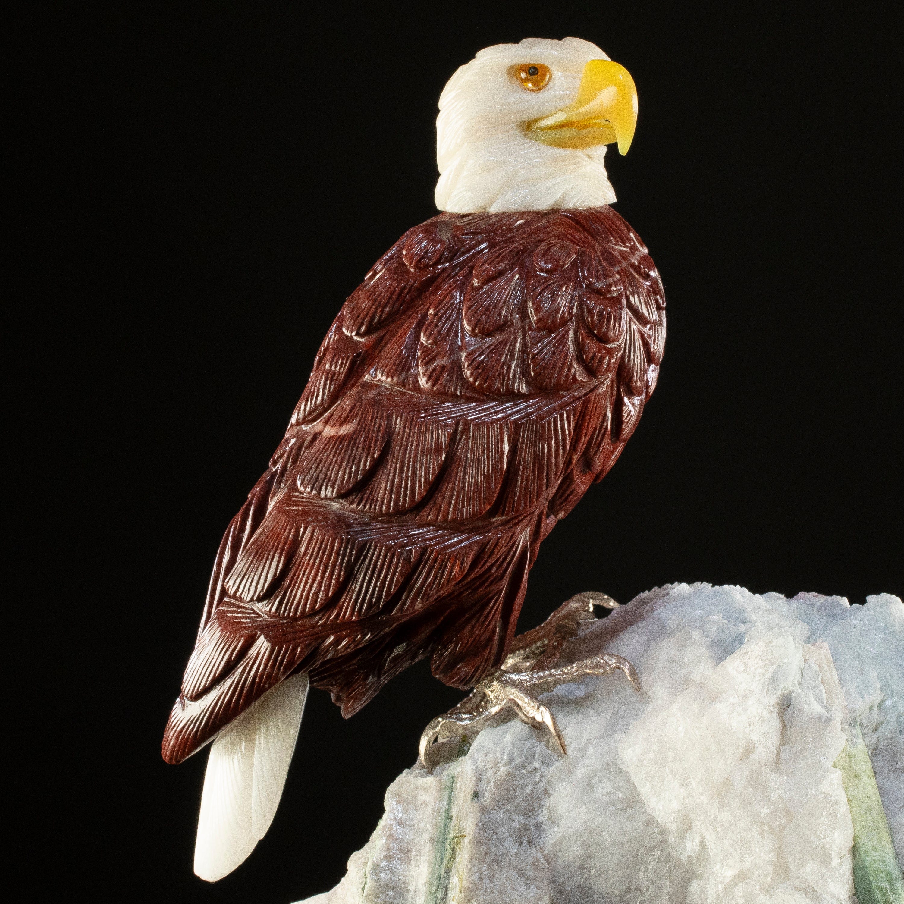 KALIFANO Love Birds Carvings Peter Muller Dolomite & Quartz Eagle Carving on Tourmaline Base LB.A110.001