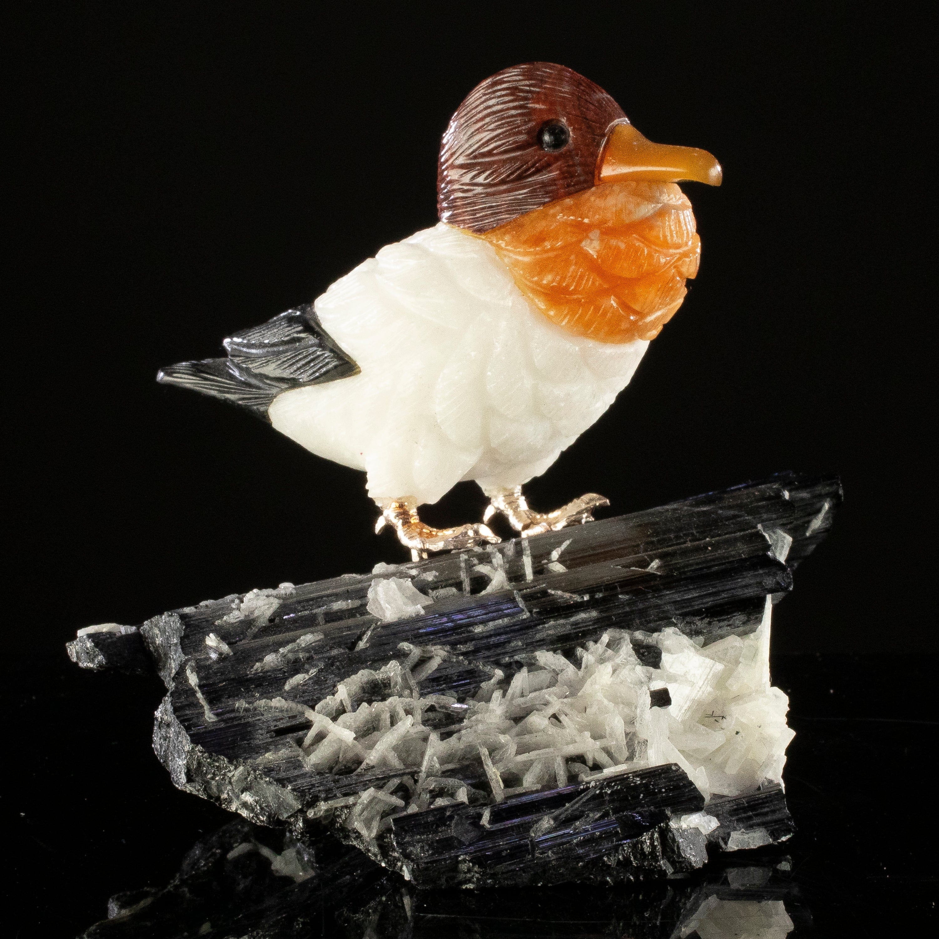 KALIFANO Love Birds Carvings Peter Muller Dolomite, Quartz, Obsidian Duck Carving on Black Tourmaline Base LB.D102.001