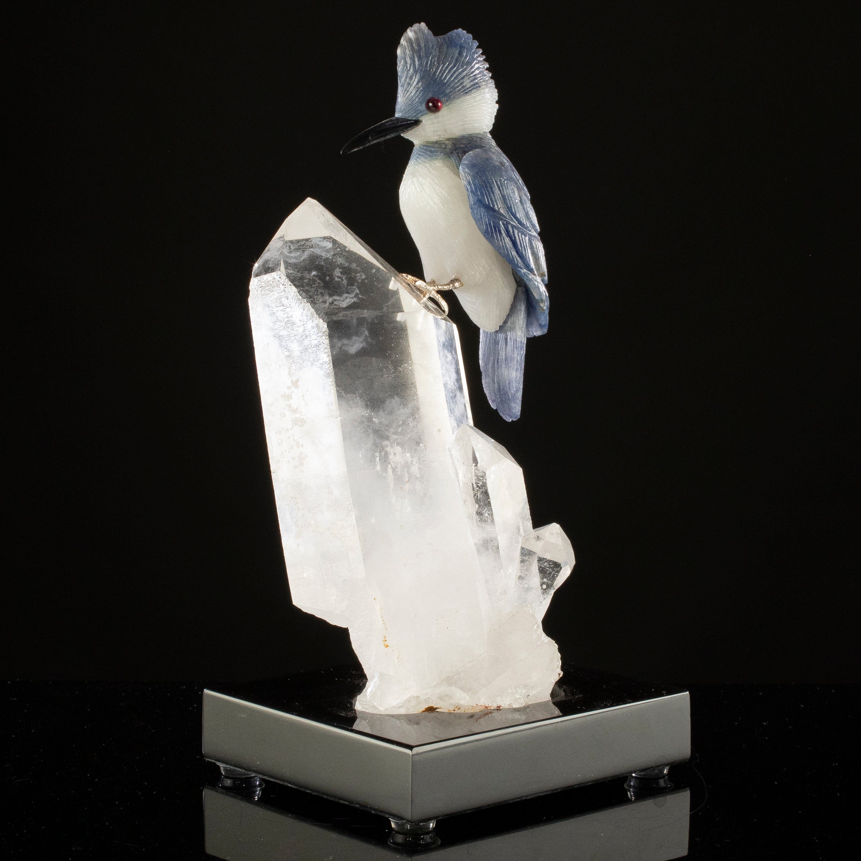 KALIFANO Love Birds Carvings Peter Muller Dumortierite Kingfisher Carving on Quartz Point Base LB.B112.001