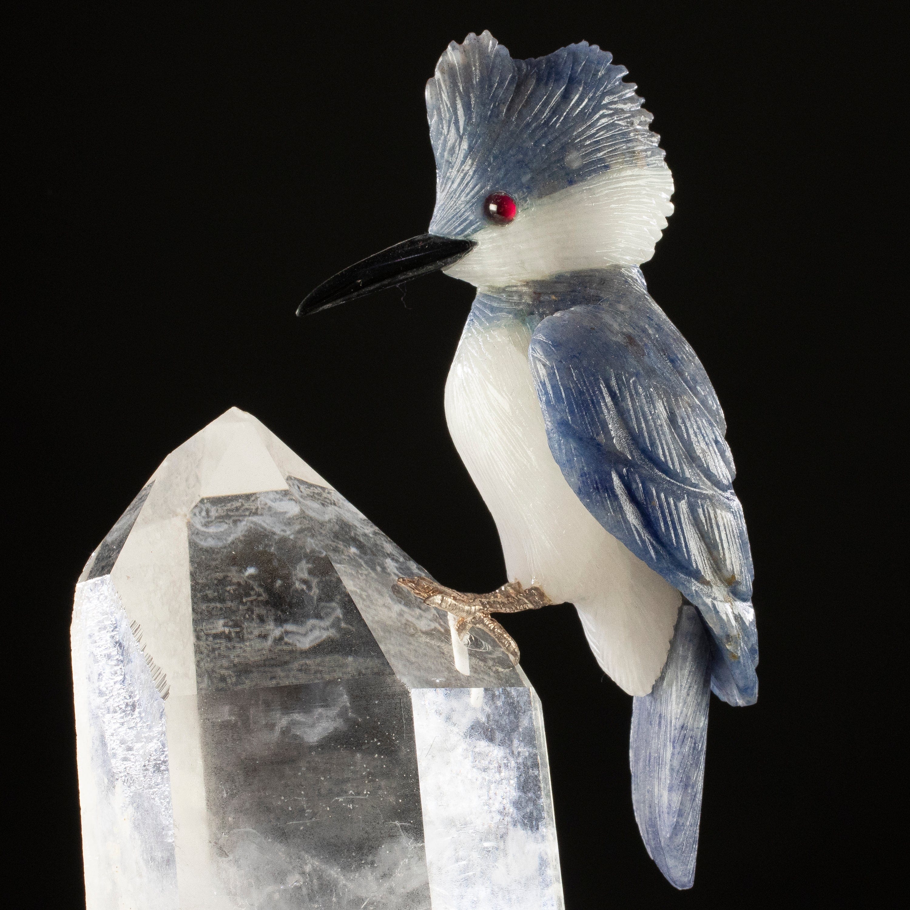 KALIFANO Love Birds Carvings Peter Muller Dumortierite Kingfisher Carving on Quartz Point Base LB.B112.001