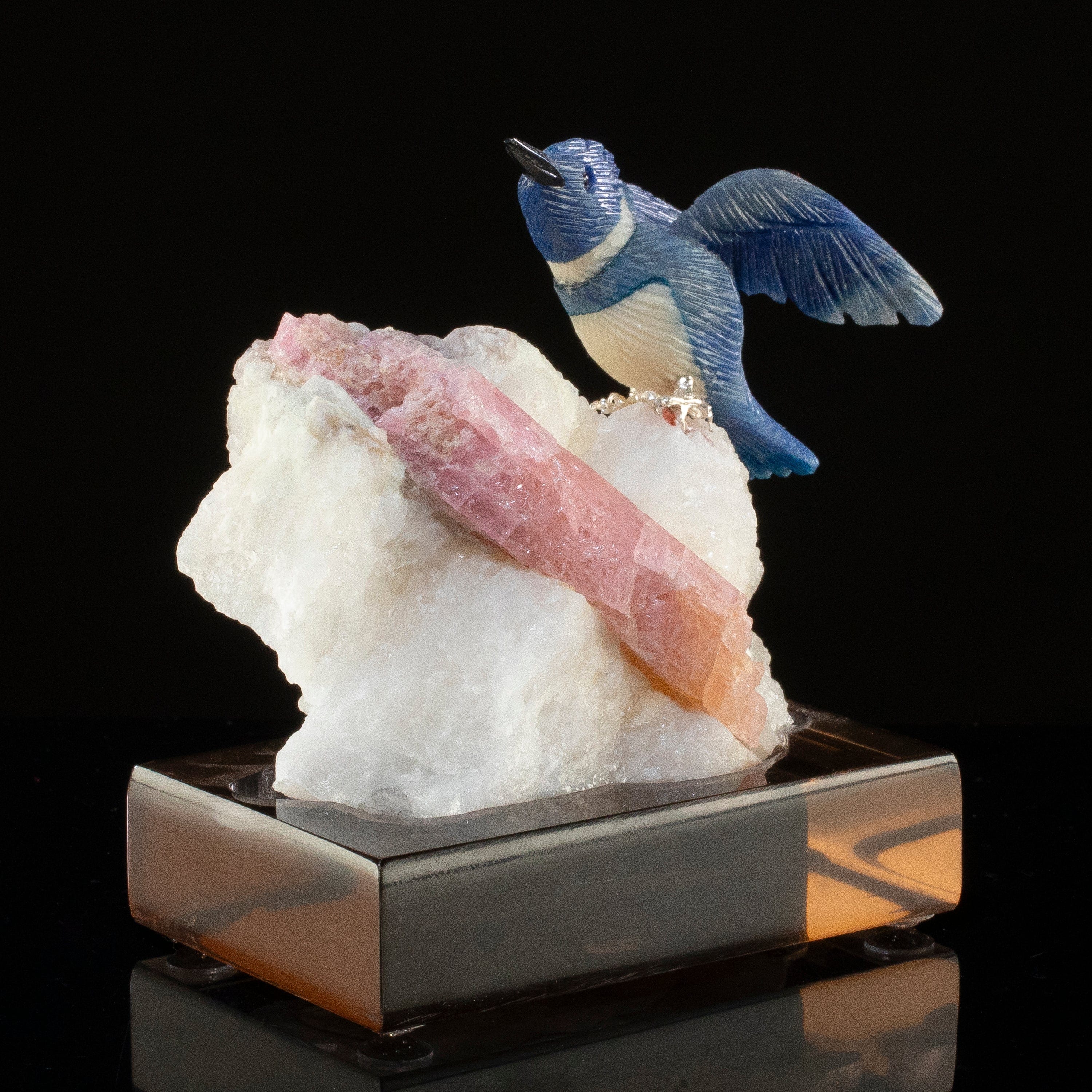 KALIFANO Love Birds Carvings Peter Muller Dumortierite Kingfisher Carving on Rubellite Base LB.C131.002