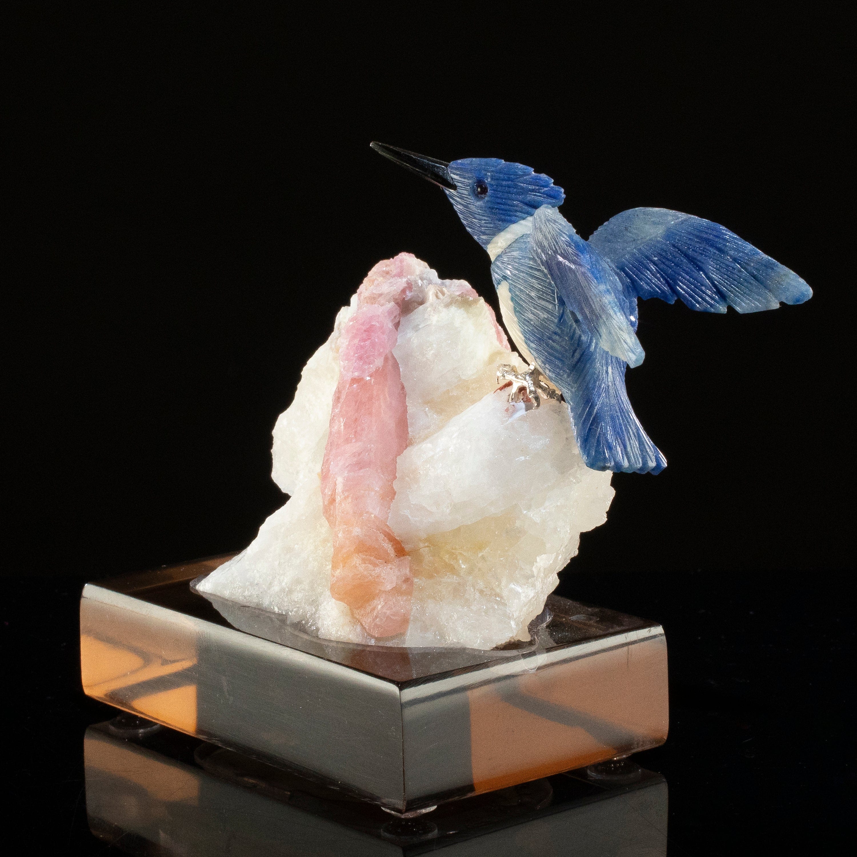 KALIFANO Love Birds Carvings Peter Muller Dumortierite Kingfisher Carving on Rubellite Base LB.C131.002