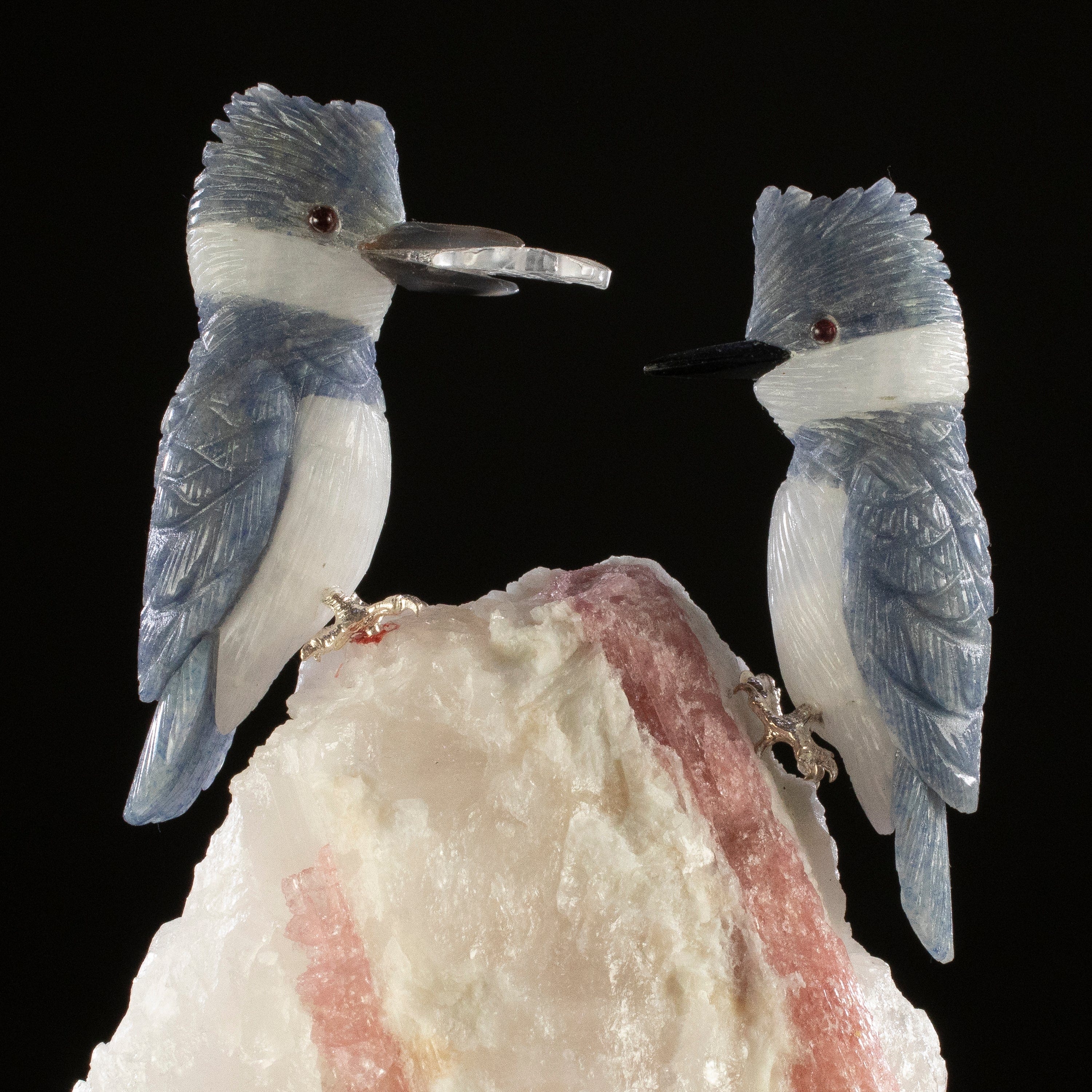 KALIFANO Love Birds Carvings Peter Muller Dumortierite Kingfisher Couple Carving on Watermelon Tourmaline Base LB.C230.002