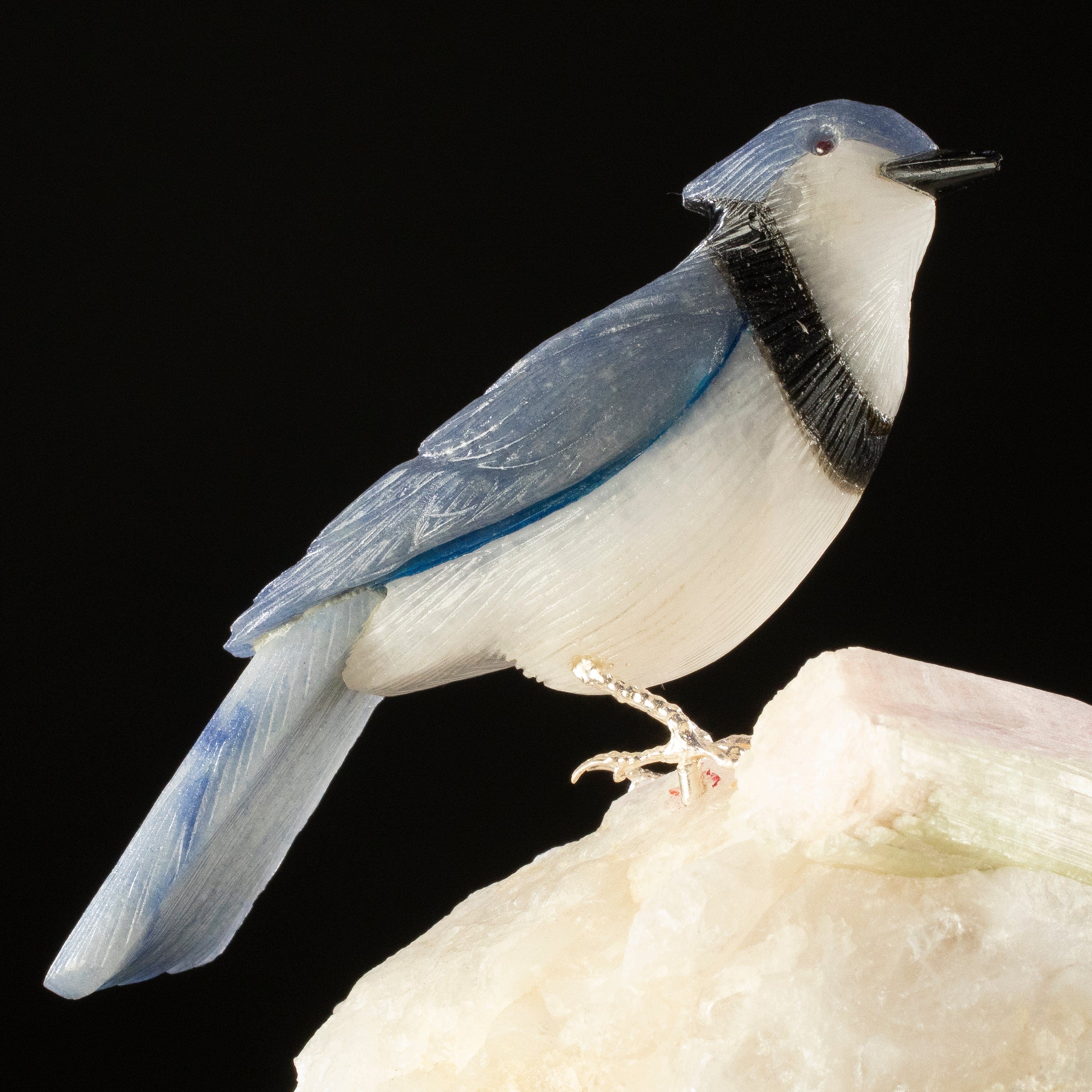 KALIFANO Love Birds Carvings Peter Muller Dumortierite & Quartz Blue Jay Carving on Watermelon Tourmaline Base LB.A117.004