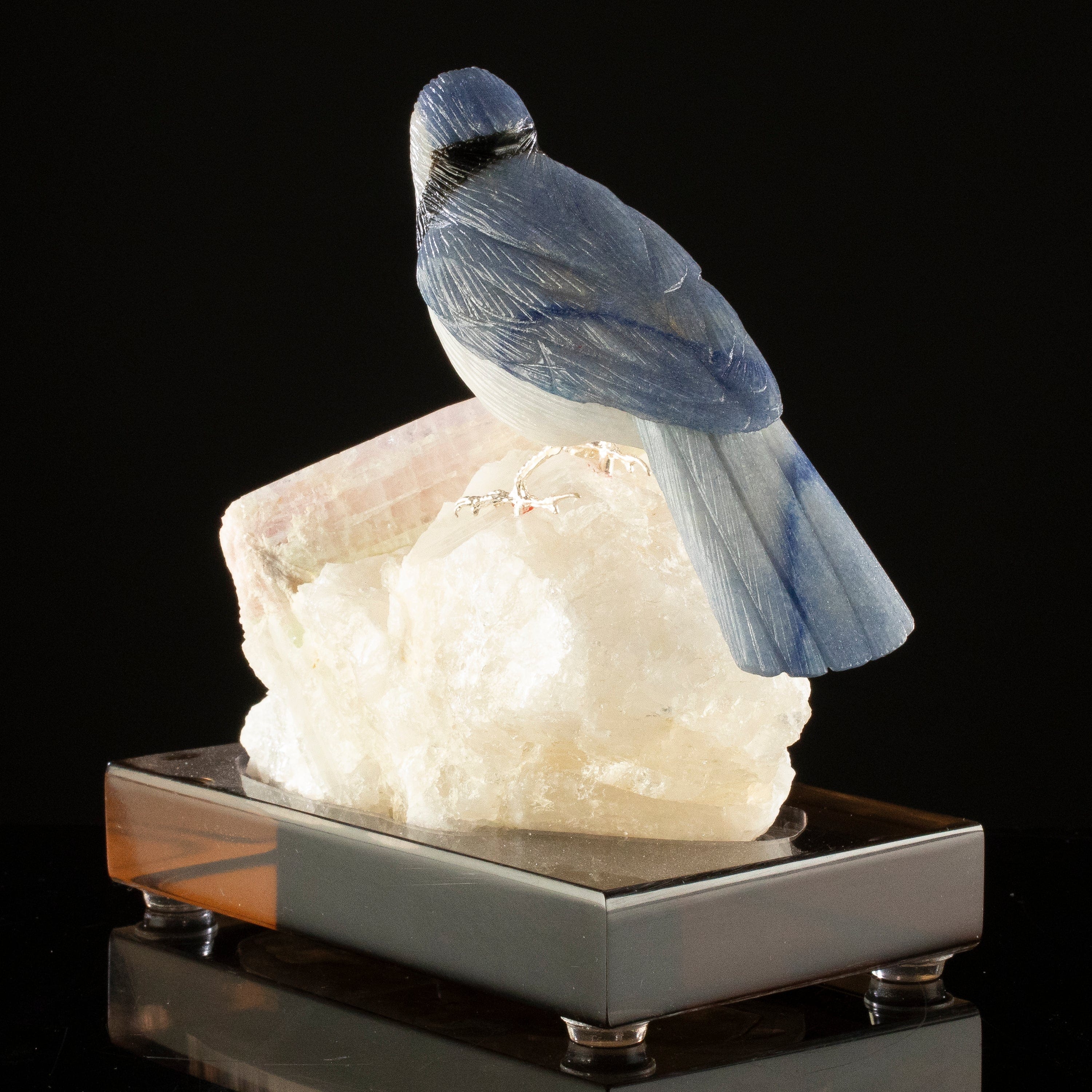 KALIFANO Love Birds Carvings Peter Muller Dumortierite & Quartz Blue Jay Carving on Watermelon Tourmaline Base LB.A117.004