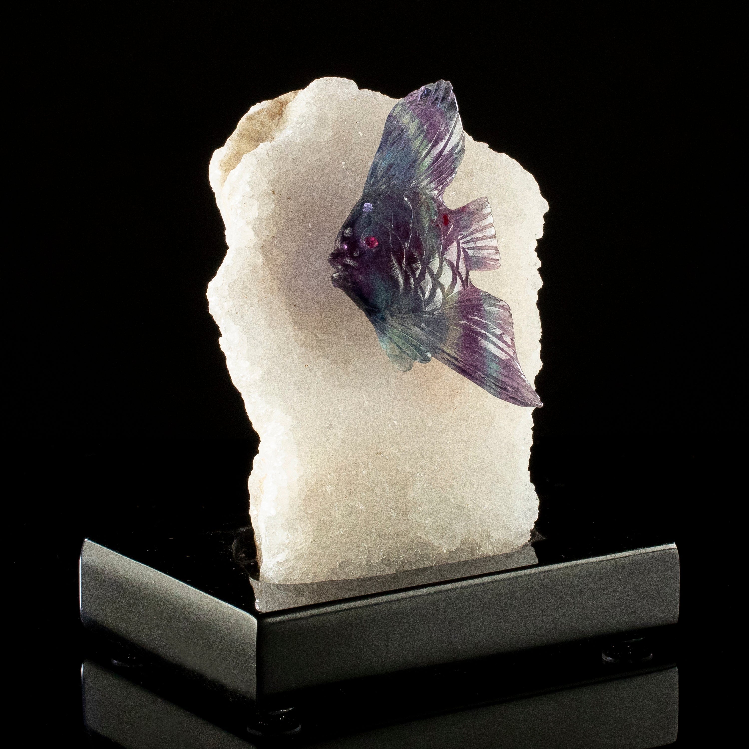 KALIFANO Love Birds Carvings Peter Muller Fluorite Fish Carving on Quartz Geode Base LB.E106.002