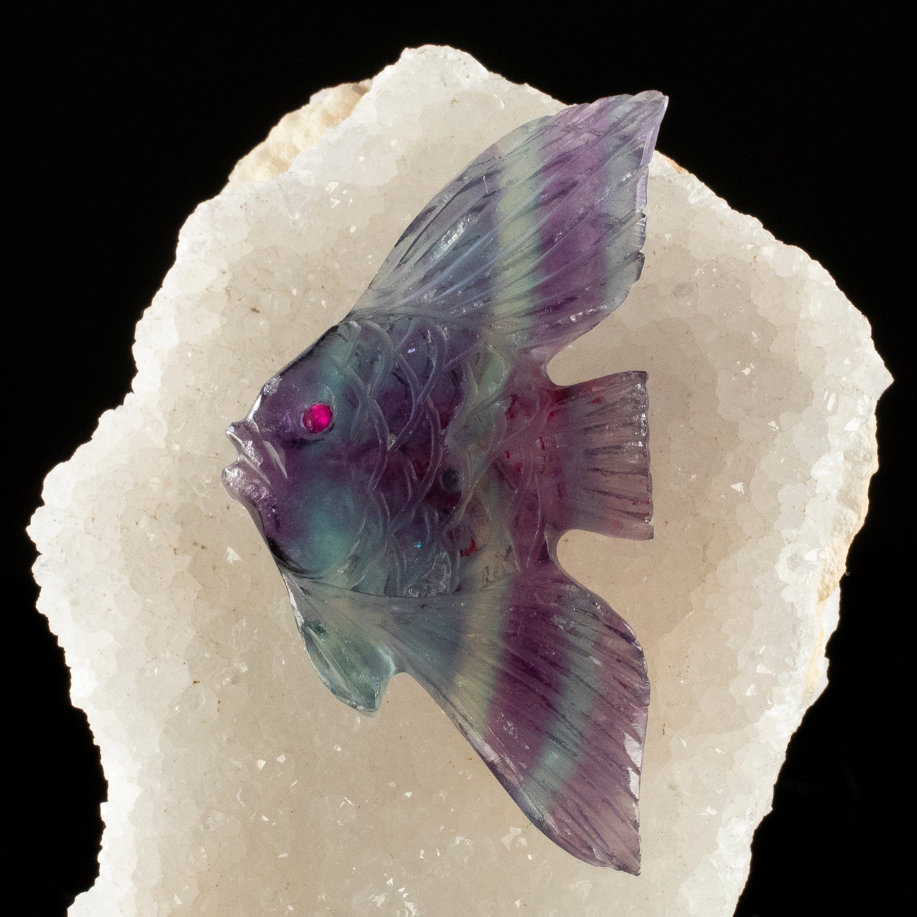 KALIFANO Love Birds Carvings Peter Muller Fluorite Fish Carving on Quartz Geode Base LB.E106.002