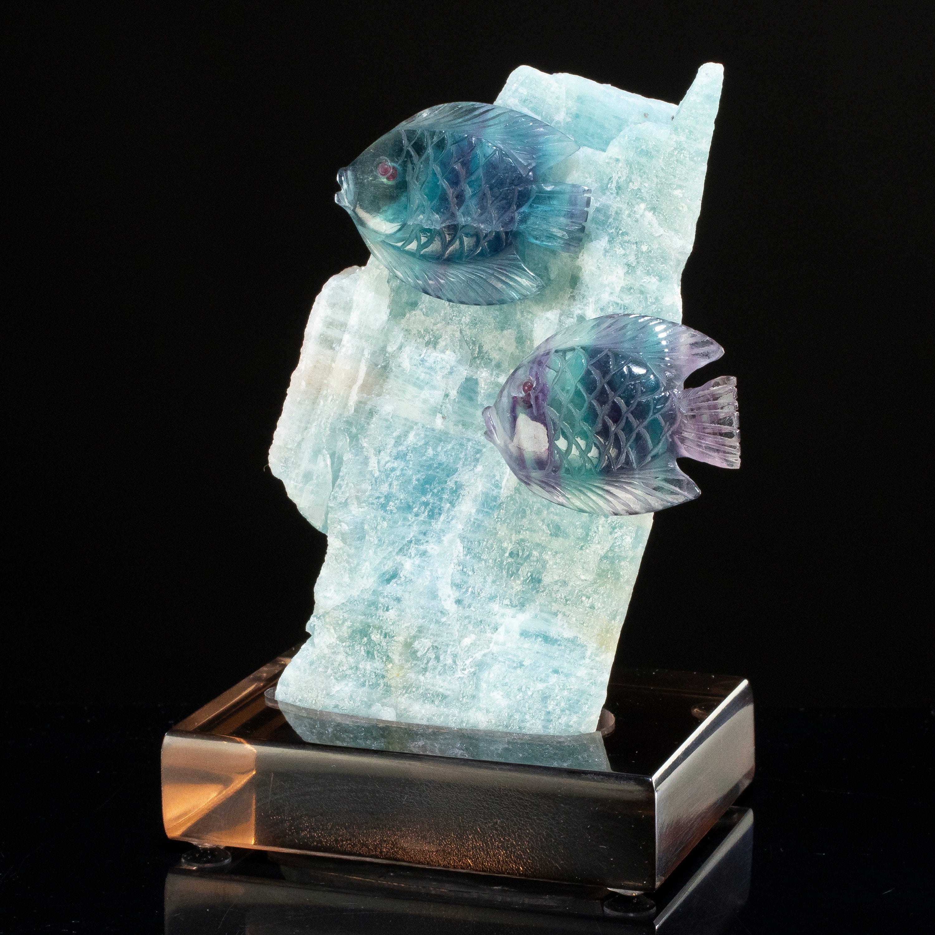 KALIFANO Love Birds Carvings Peter Muller Fluorite Fish Couple Carving on Aquamarine Base LB.E206.001