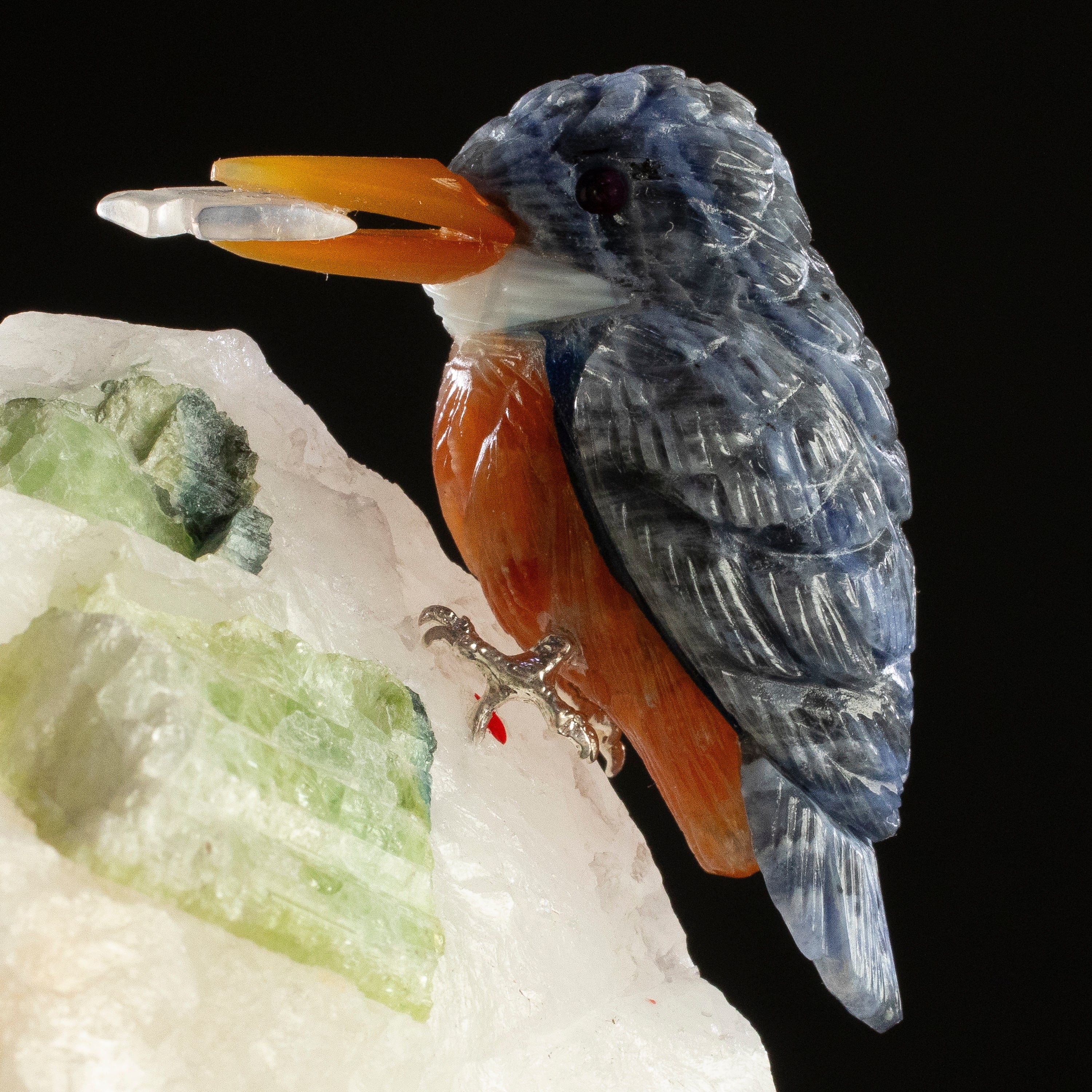 KALIFANO Love Birds Carvings Peter Muller Kyanite Kingfisher Carving on Tourmaline Base LB.C134.004