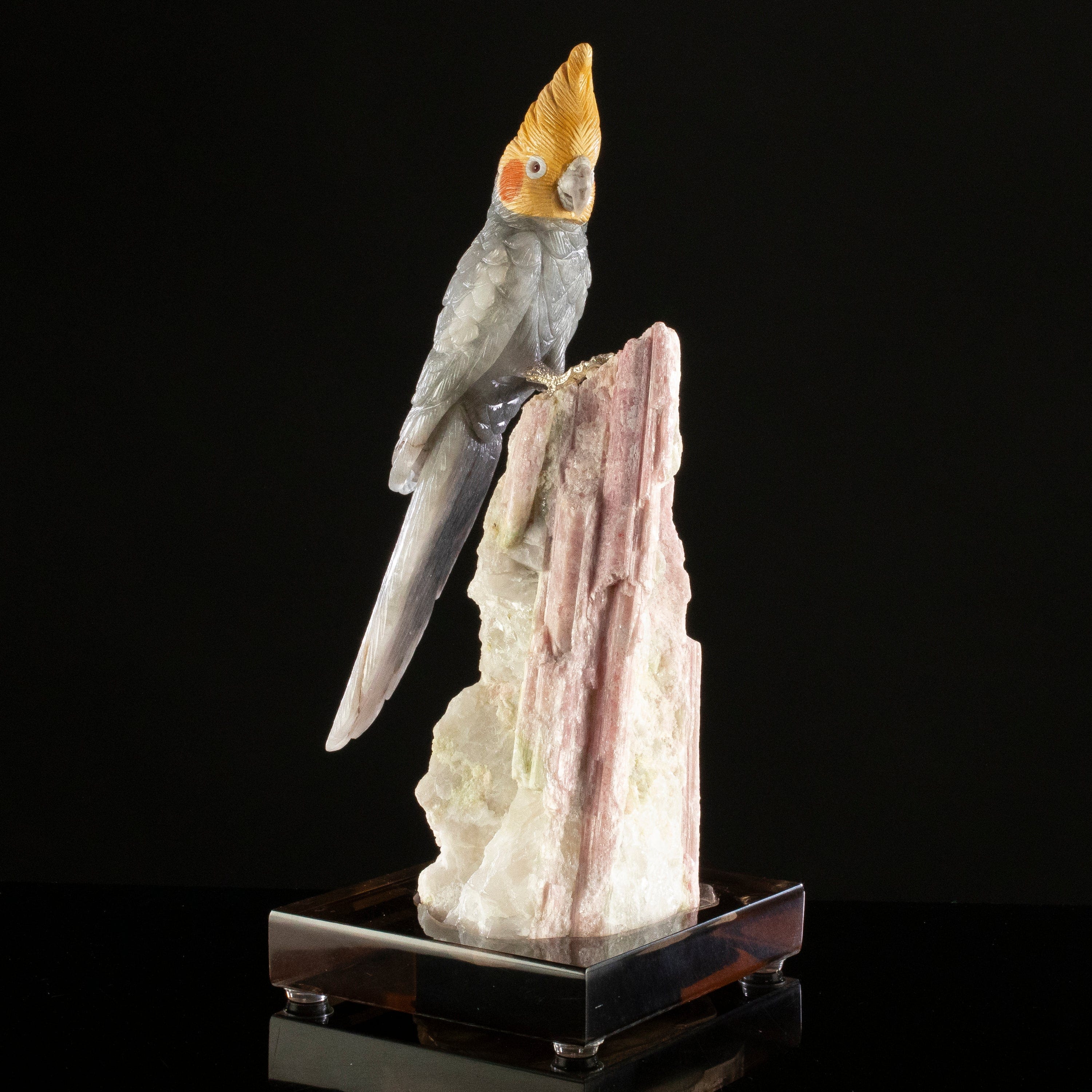 KALIFANO Love Birds Carvings Peter Muller Labradorite Quail Carving on Watermelon Tourmaline Base LB.A175.003