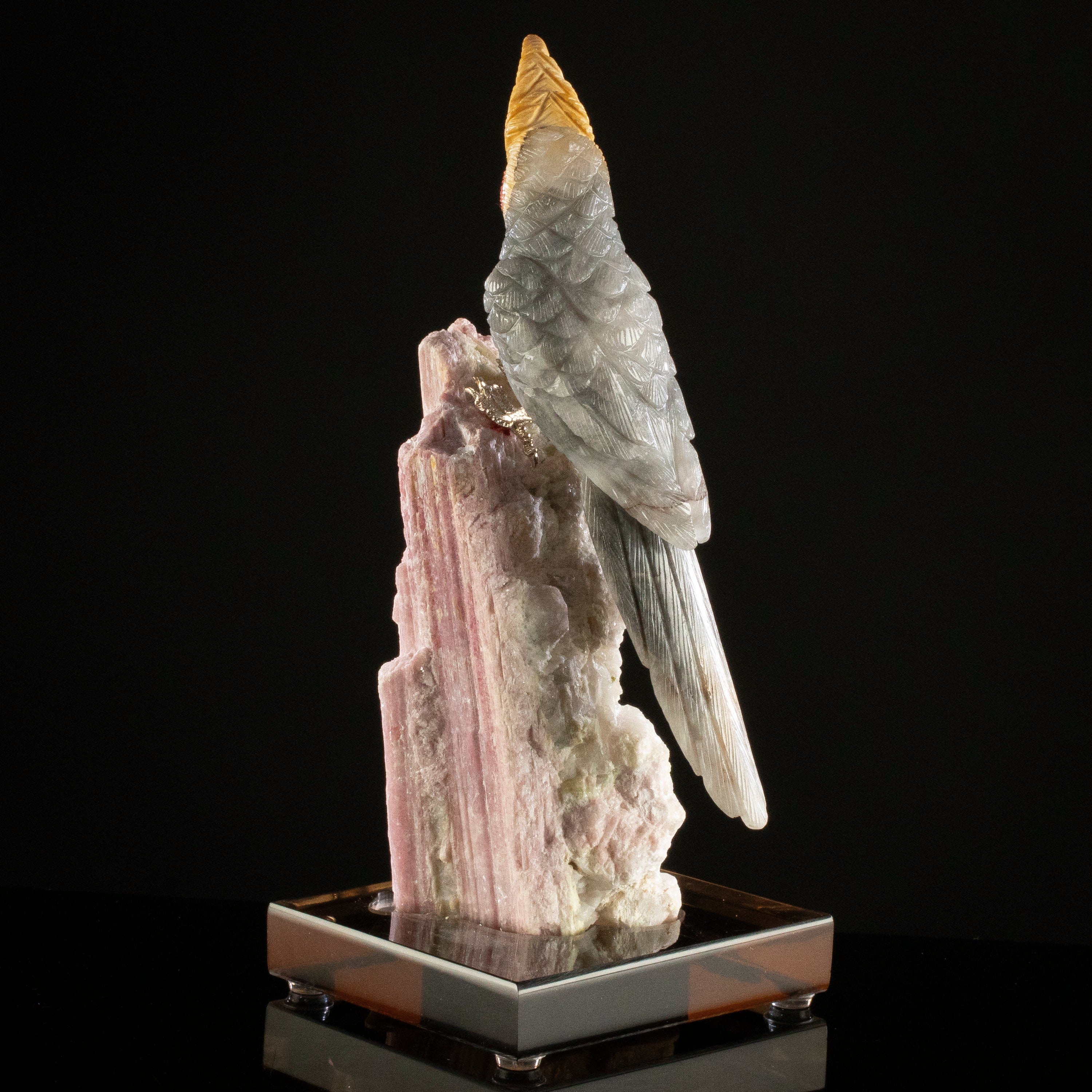 KALIFANO Love Birds Carvings Peter Muller Labradorite Quail Carving on Watermelon Tourmaline Base LB.A175.003