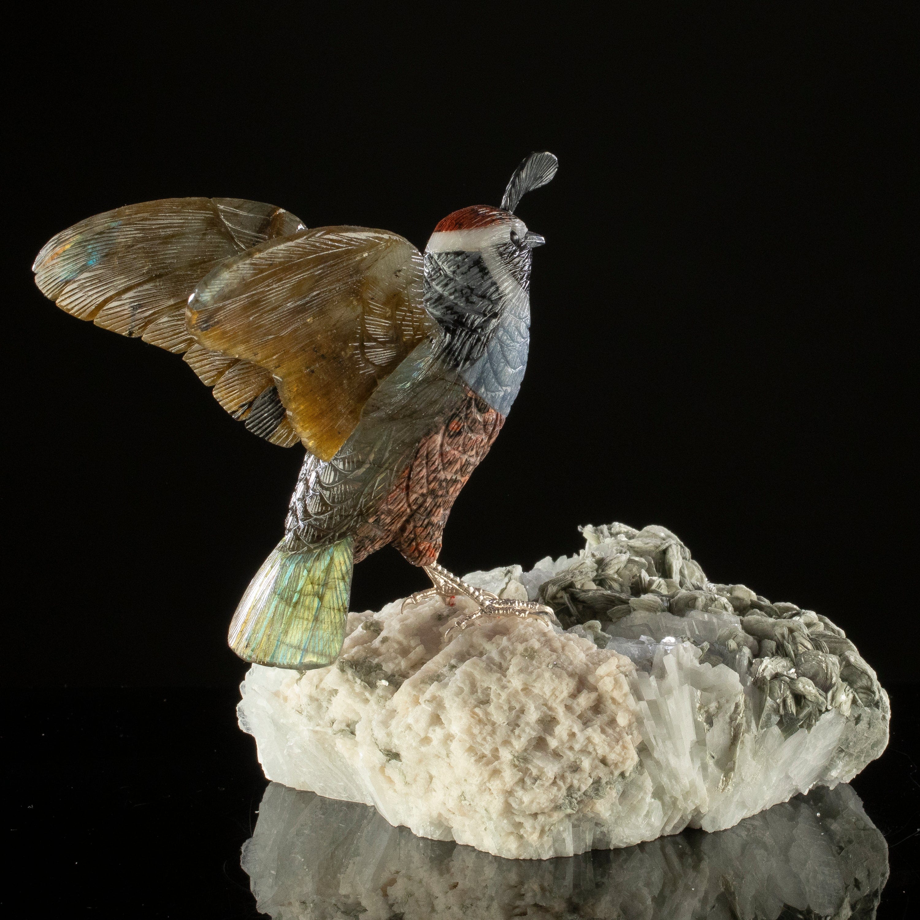 KALIFANO Love Birds Carvings Peter Muller Leopard Skin Jasper, Labradorite, Obsidian Quail Carving on Watermelon Tourmaline Base LB.A176.001