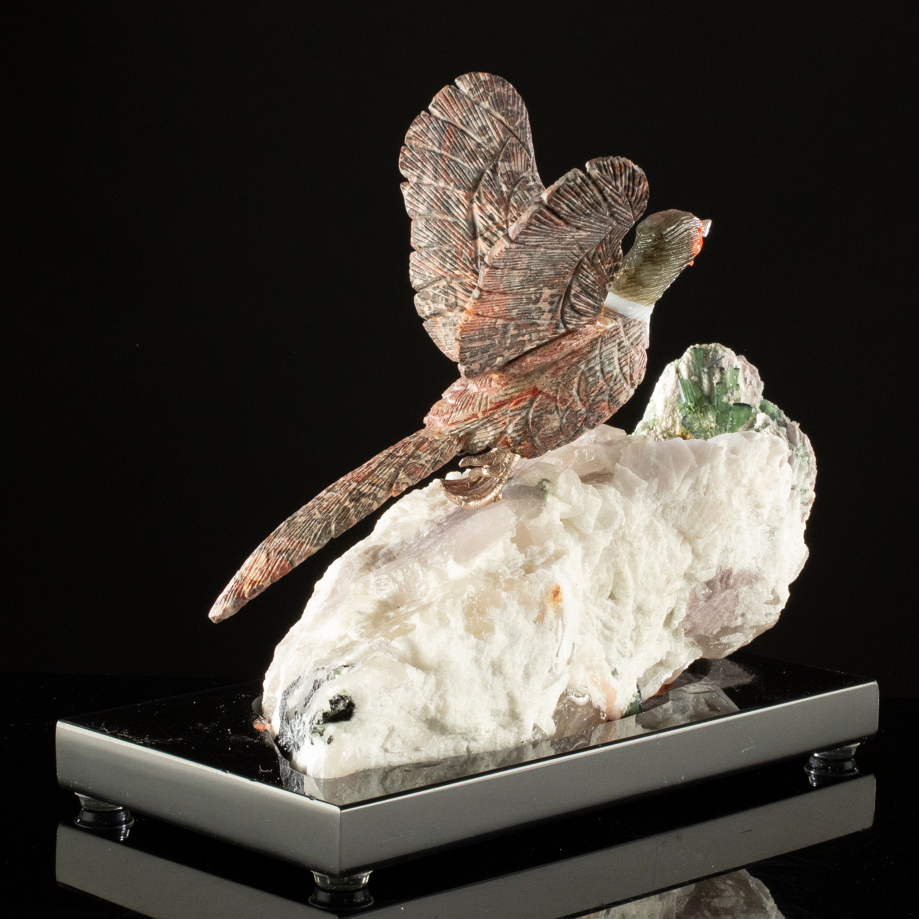 KALIFANO Love Birds Carvings Peter Muller Leopard Skin Jasper Pheasant Carving on Watermelon Tourmaline Base LB.A162.003