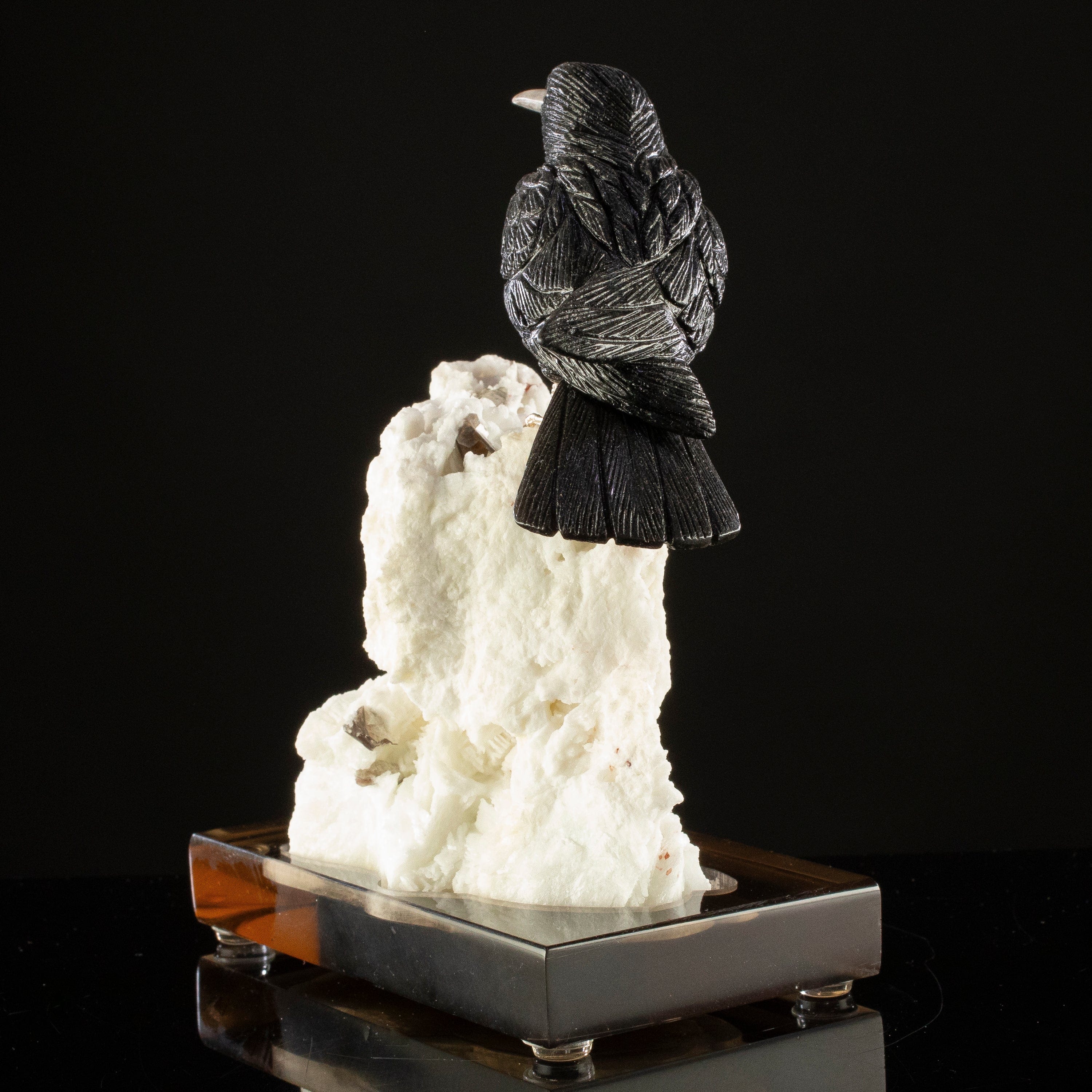 KALIFANO Love Birds Carvings Peter Muller Obsidian Crow Carving on Watermelon Tourmaline Base LB.A173.004