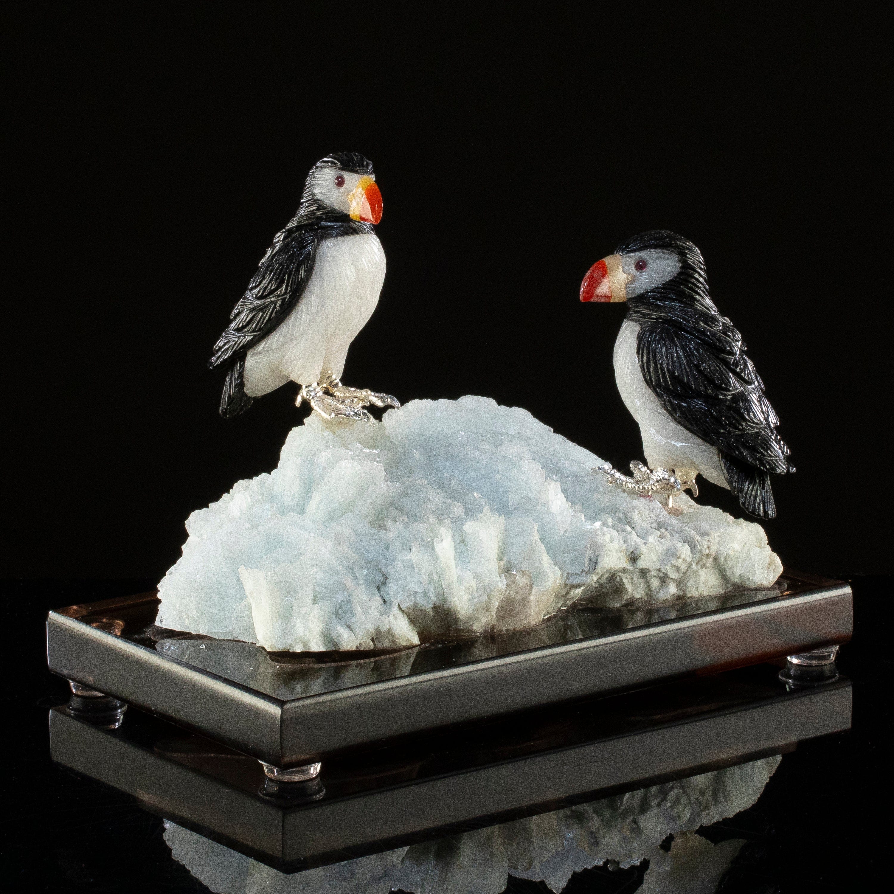 KALIFANO Love Birds Carvings Peter Muller Obsidian & Quartz Puffin Couple Carving on Calcite Base LB.A246.001