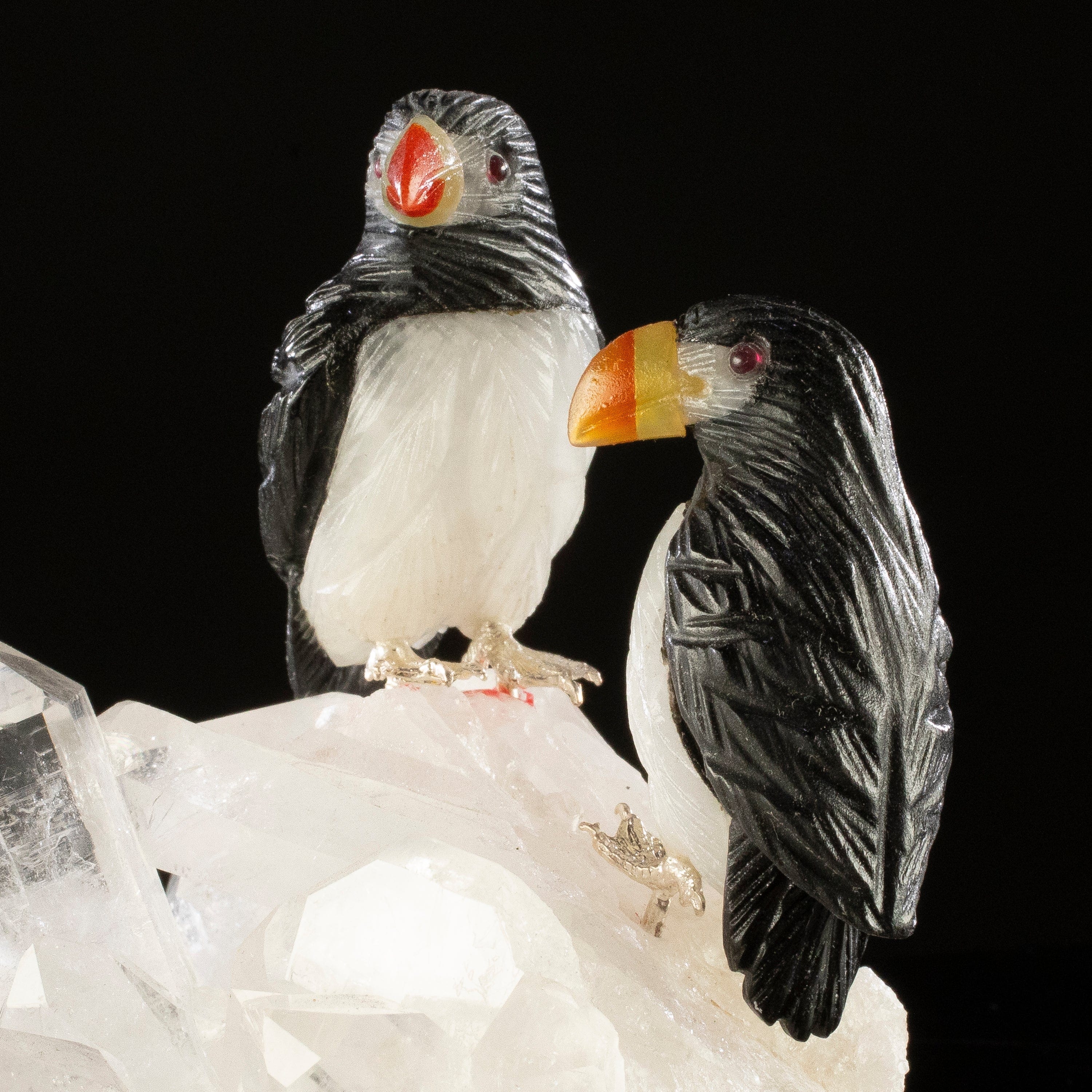 KALIFANO Love Birds Carvings Peter Muller Obsidian & Quartz Puffin Couple Carving on Quartz Cluster Base LB.A245.001