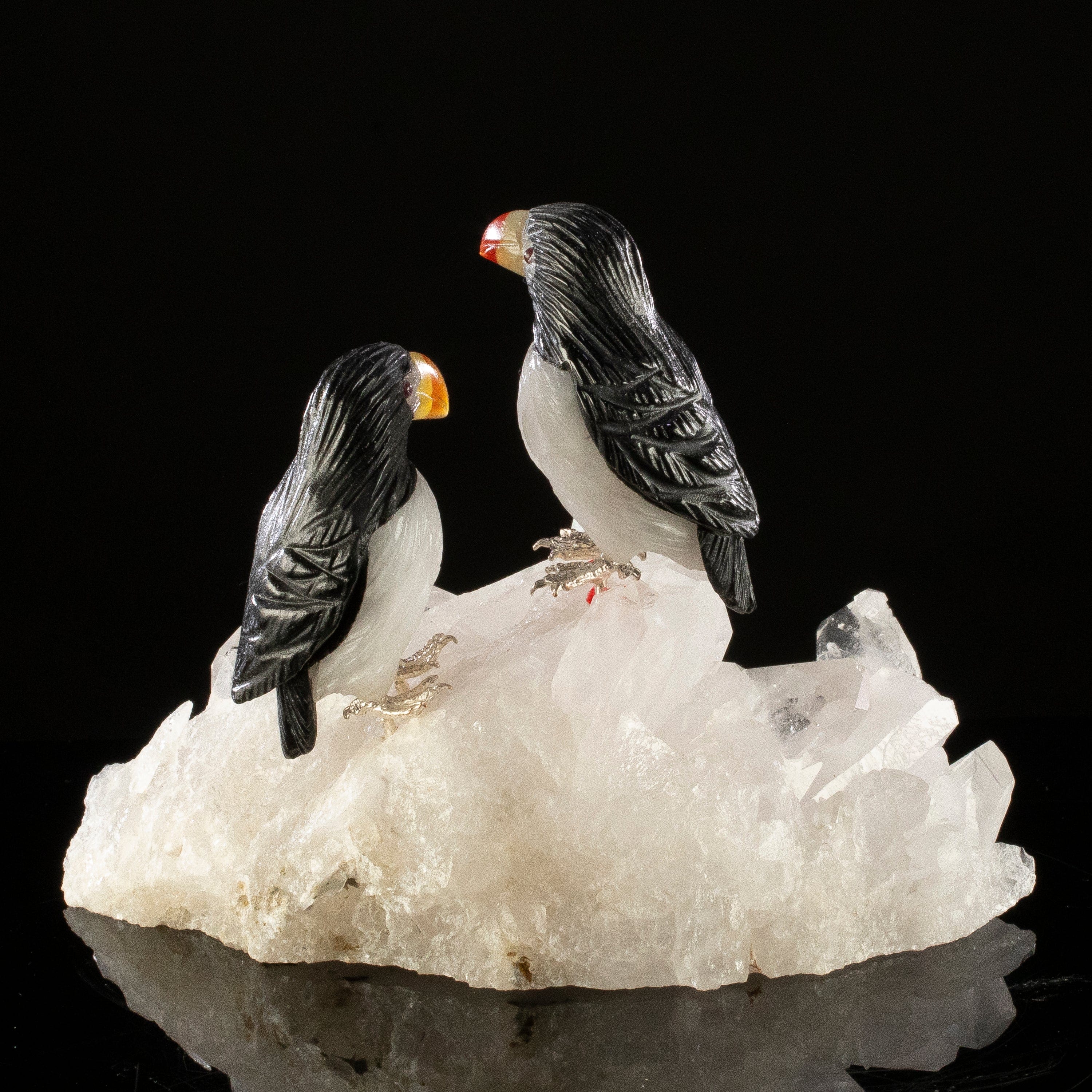 KALIFANO Love Birds Carvings Peter Muller Obsidian & Quartz Puffin Couple Carving on Quartz Cluster Base LB.A245.001