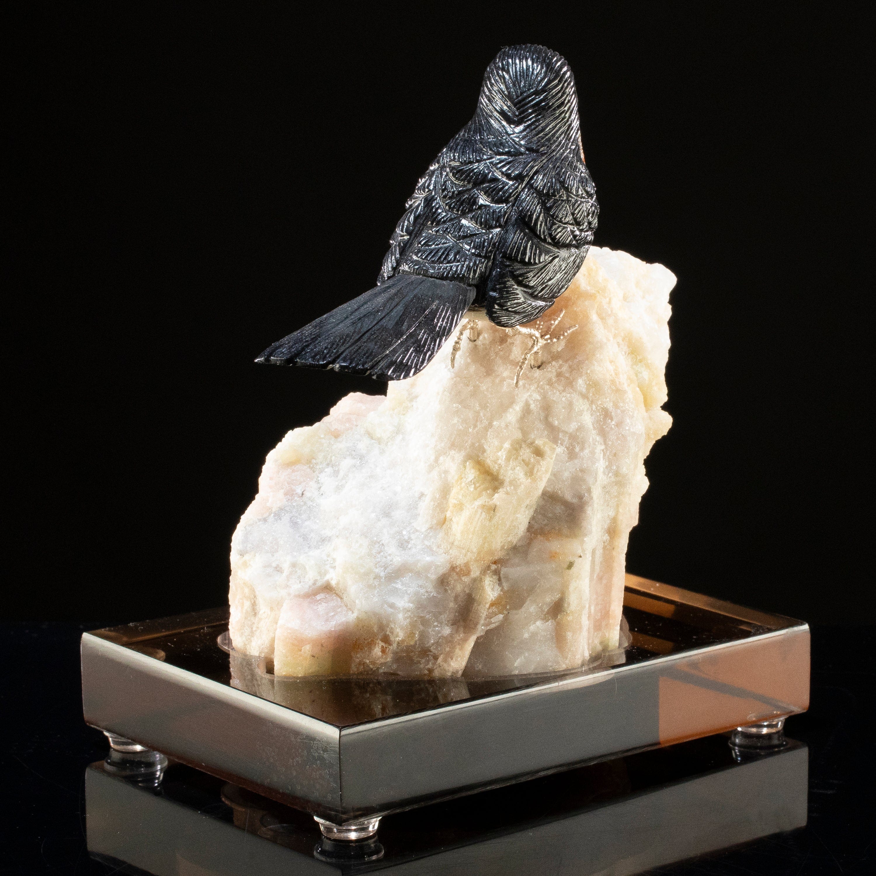 KALIFANO Love Birds Carvings Peter Muller Obsidian Robbin Carving on Watermelon Tourmaline Base LB.A113.001