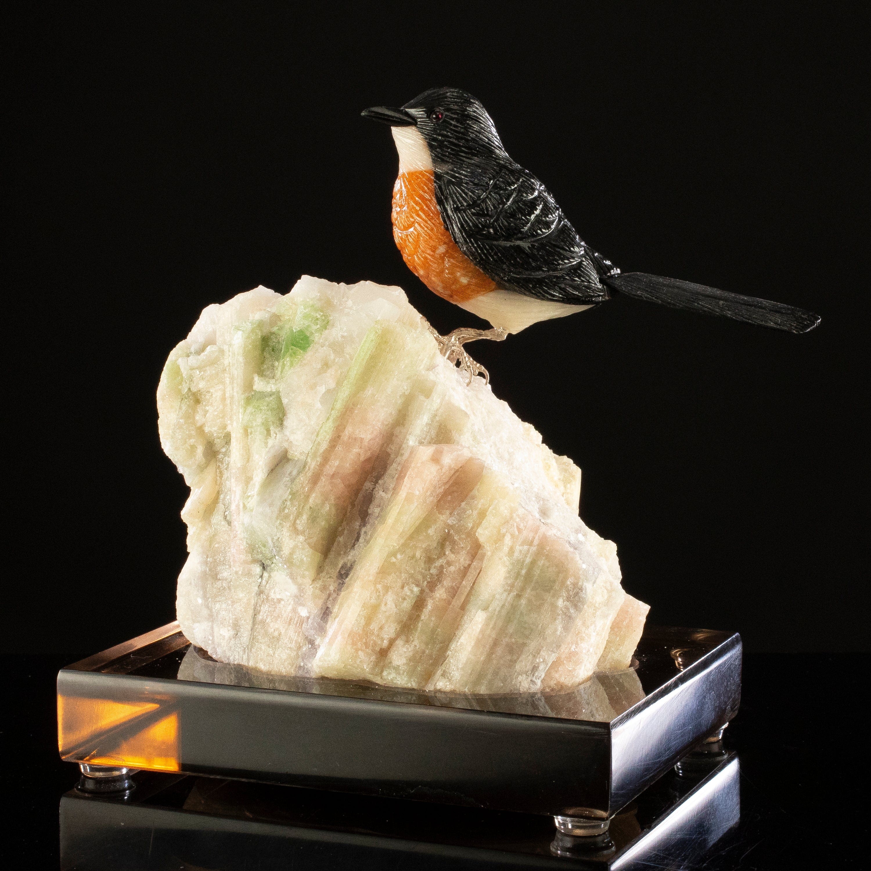 KALIFANO Love Birds Carvings Peter Muller Obsidian Robbin Carving on Watermelon Tourmaline Base LB.A113.001