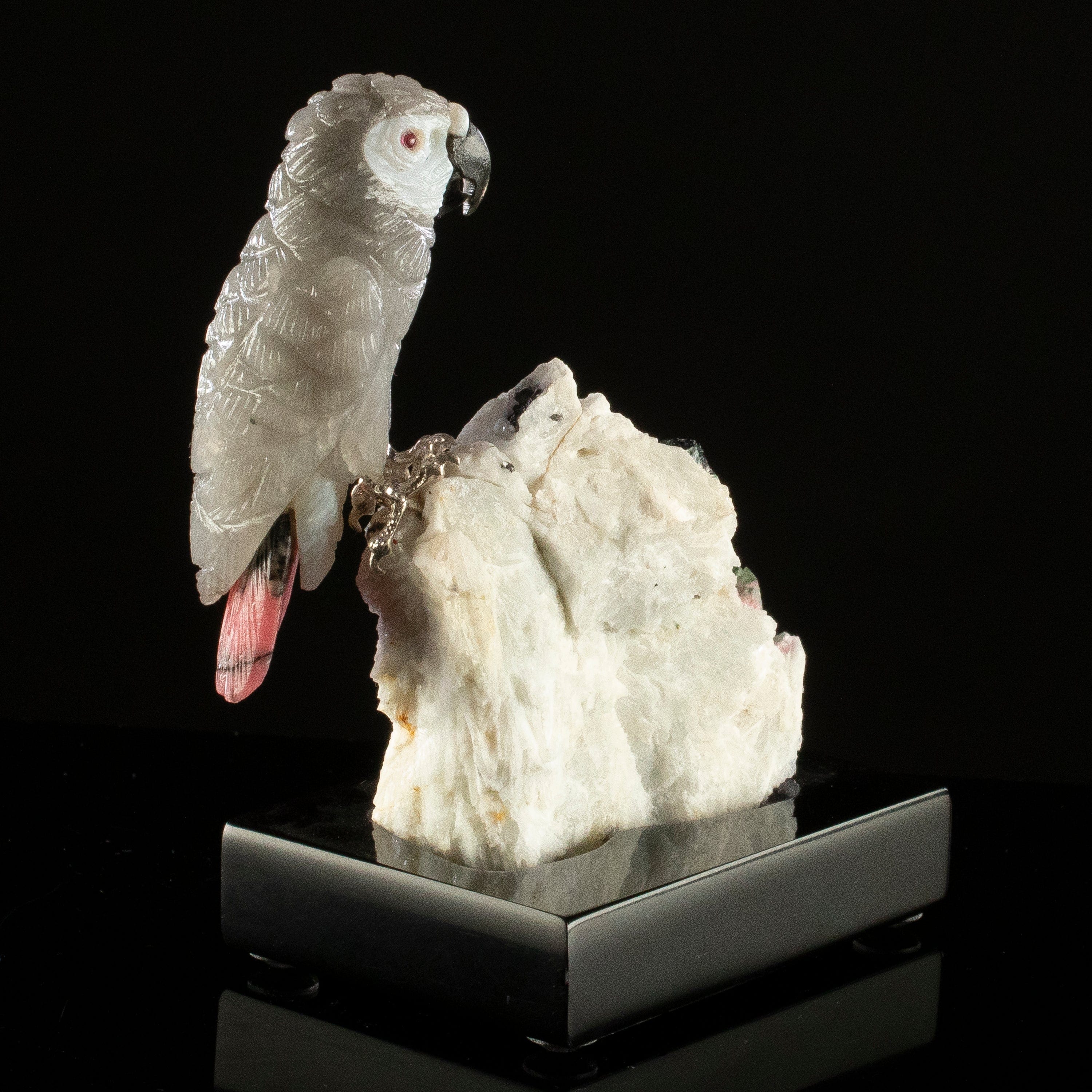 KALIFANO Love Birds Carvings Peter Muller Phantom Quartz & Rhodonite African Gray Parrot Carving on Watermelon Tourmaline Base LB.B144.001