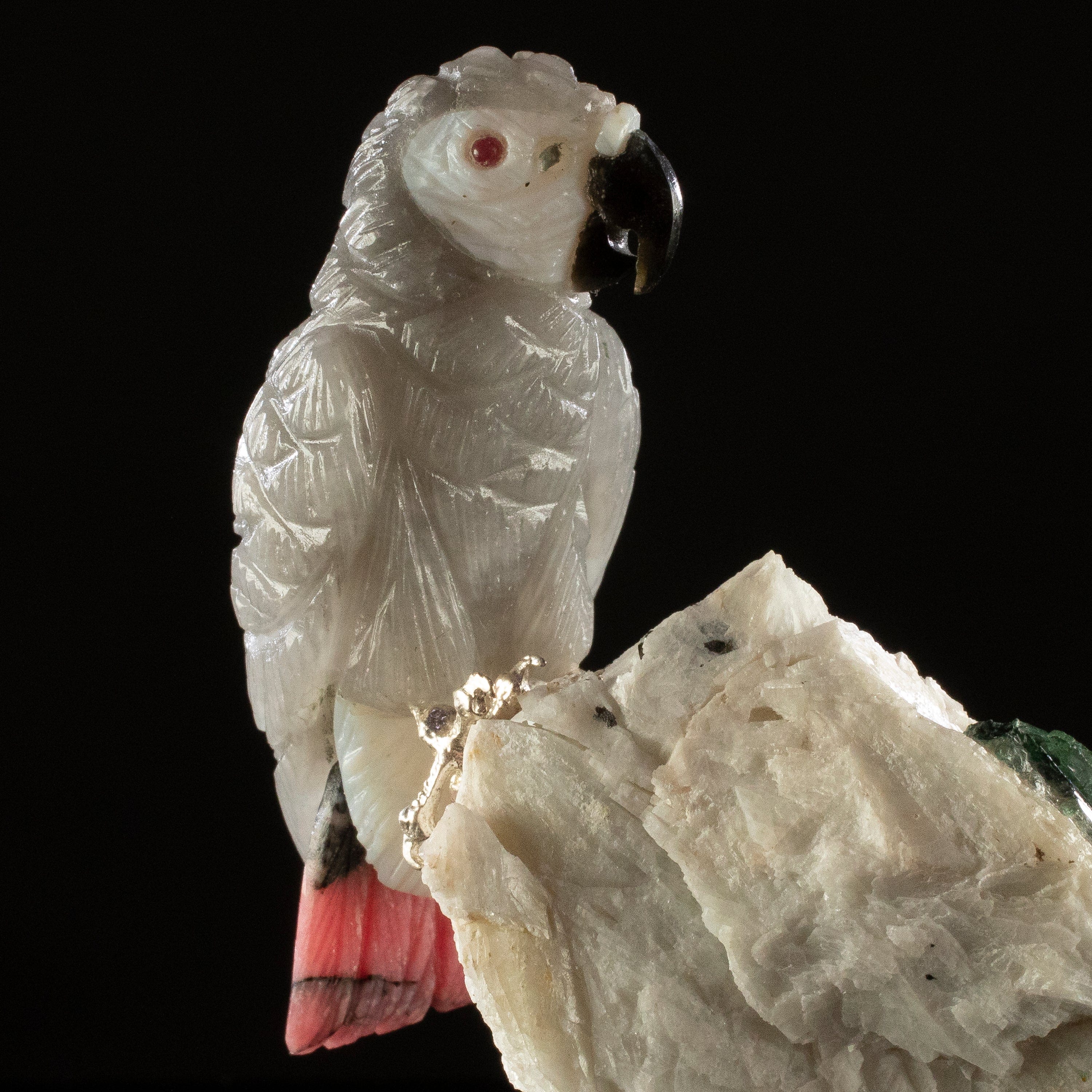 KALIFANO Love Birds Carvings Peter Muller Phantom Quartz & Rhodonite African Gray Parrot Carving on Watermelon Tourmaline Base LB.B144.001