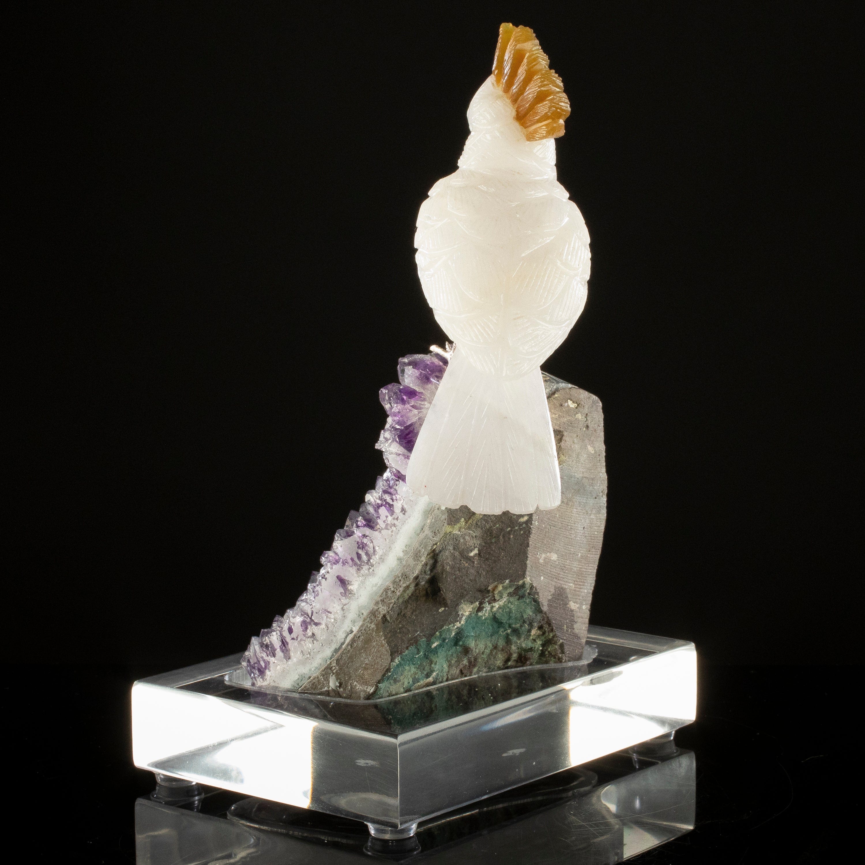 KALIFANO Love Birds Carvings Peter Muller Quartz Cockatoo Carving on Amethyst Geode Base LB.B134.009