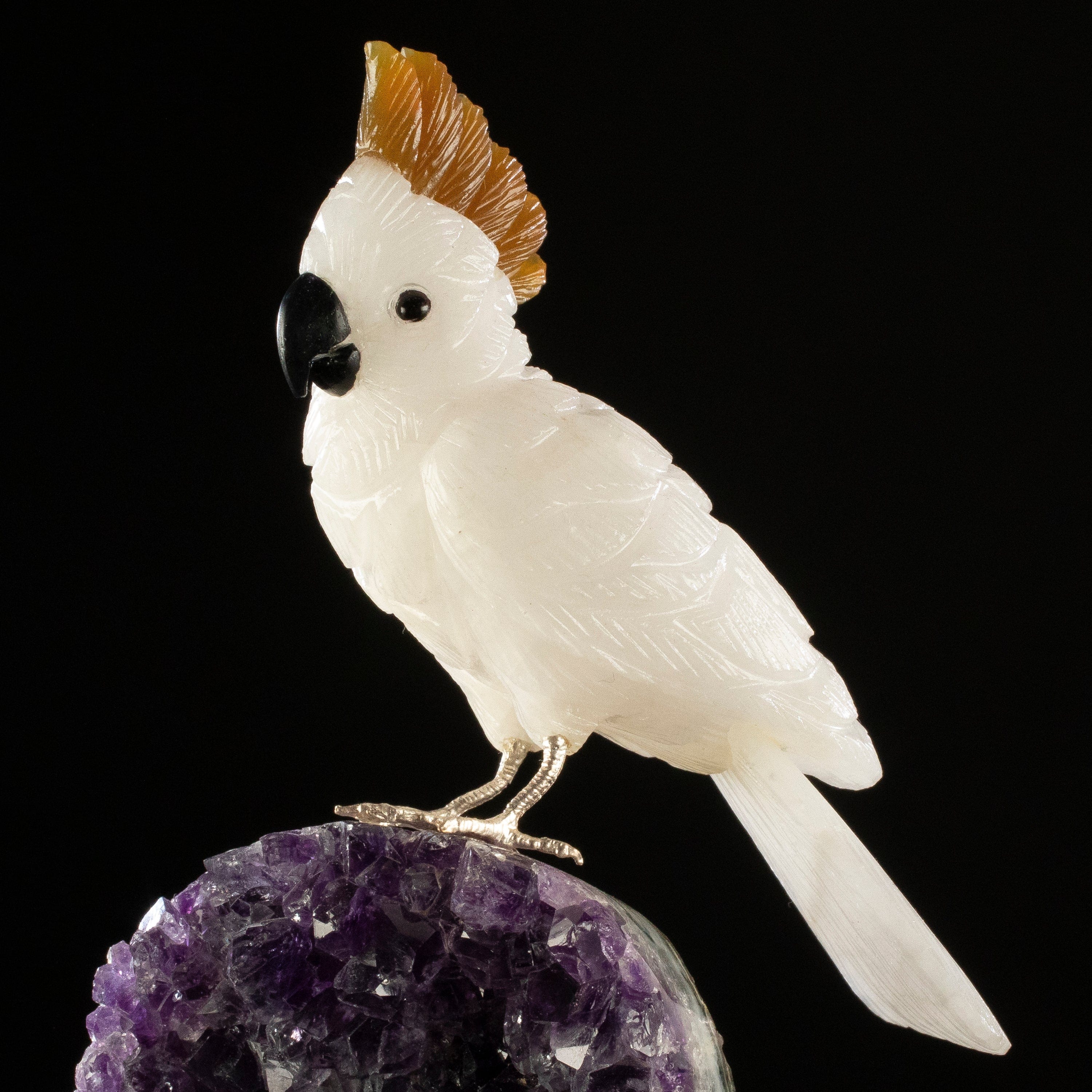 KALIFANO Love Birds Carvings Peter Muller Quartz Cockatoo Carving on Amethyst Geode Base LB.B134.009